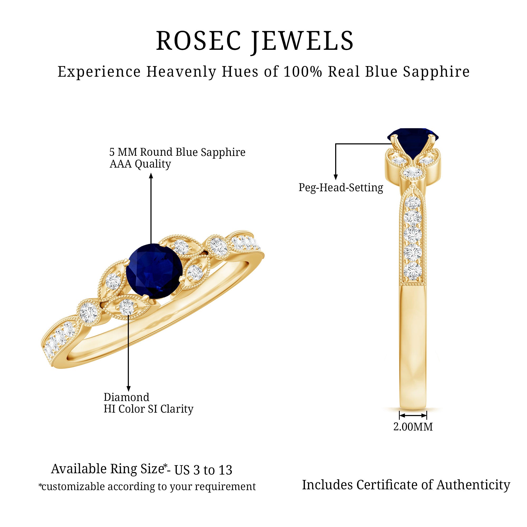Vintage Inspired Blue Sapphire and Diamond Engagement Ring with Milgrain Details AAA - Rosec Jewels