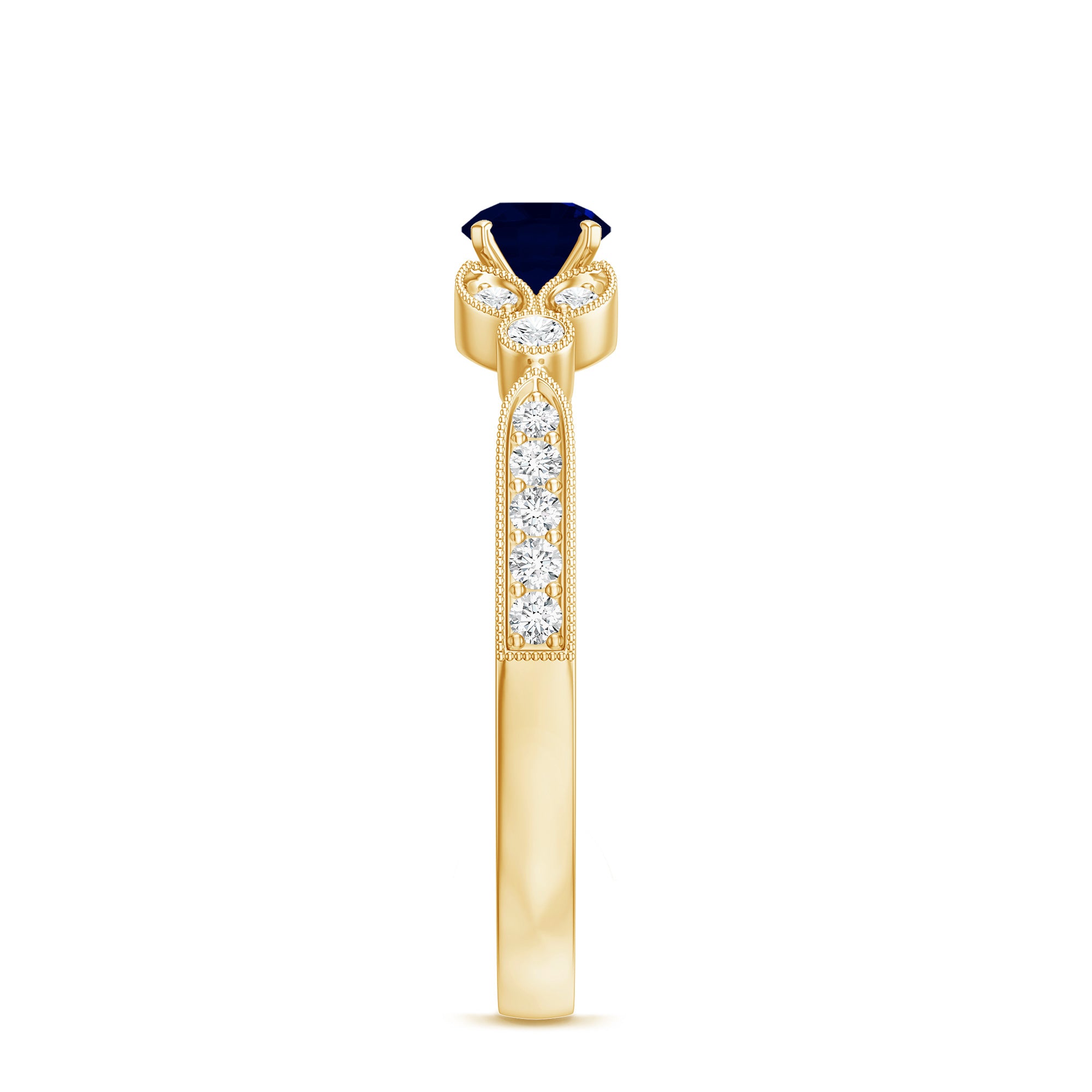 Vintage Inspired Blue Sapphire and Diamond Engagement Ring with Milgrain Details AAA - Rosec Jewels