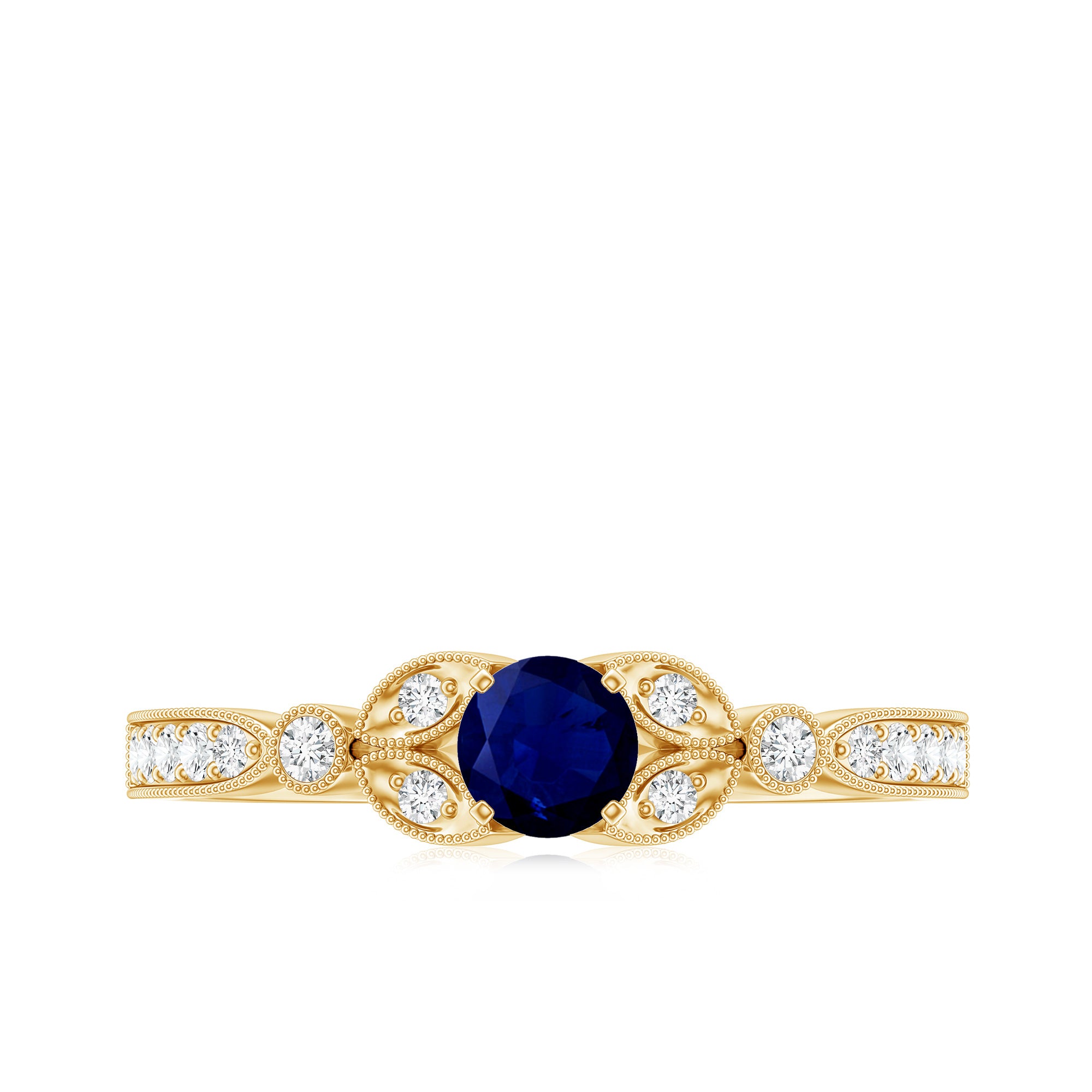 Vintage Inspired Blue Sapphire and Diamond Engagement Ring with Milgrain Details AAA - Rosec Jewels