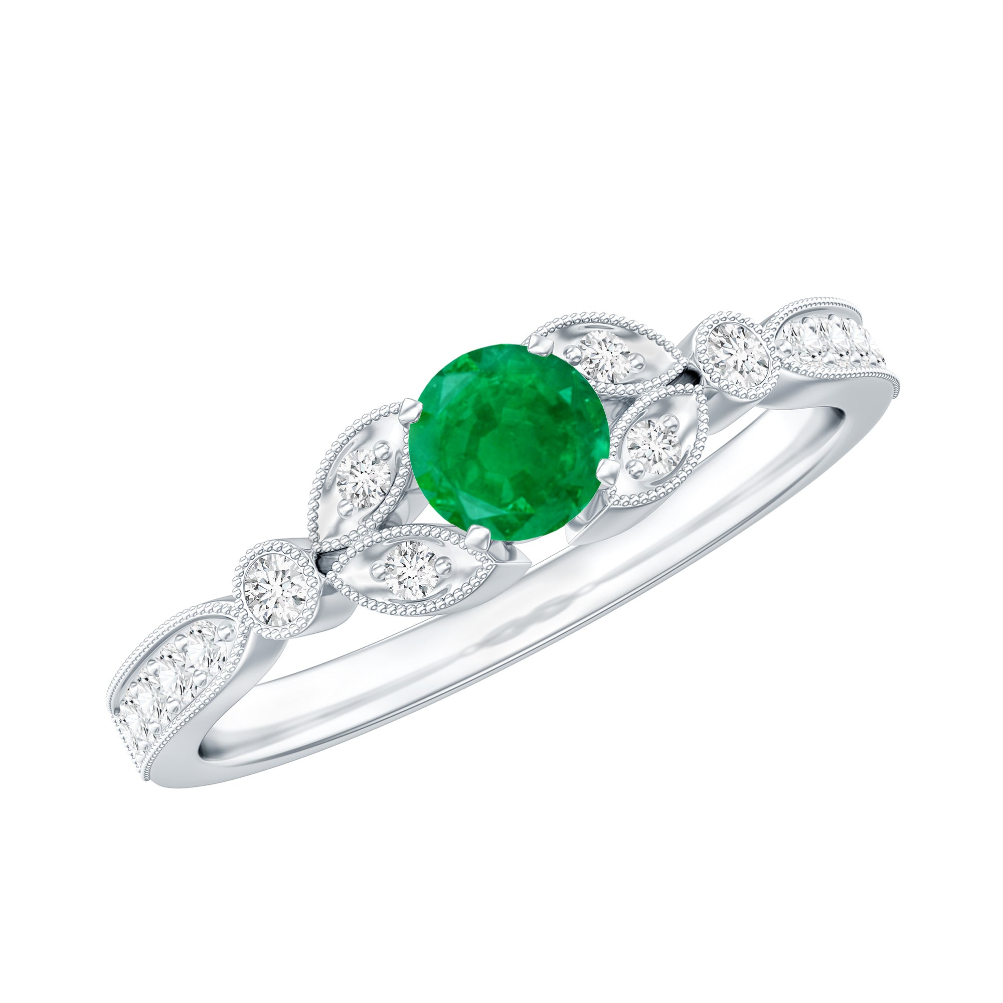 Natural Emerald Vintage Inspired Engagement Ring with Diamond AAA - Rosec Jewels