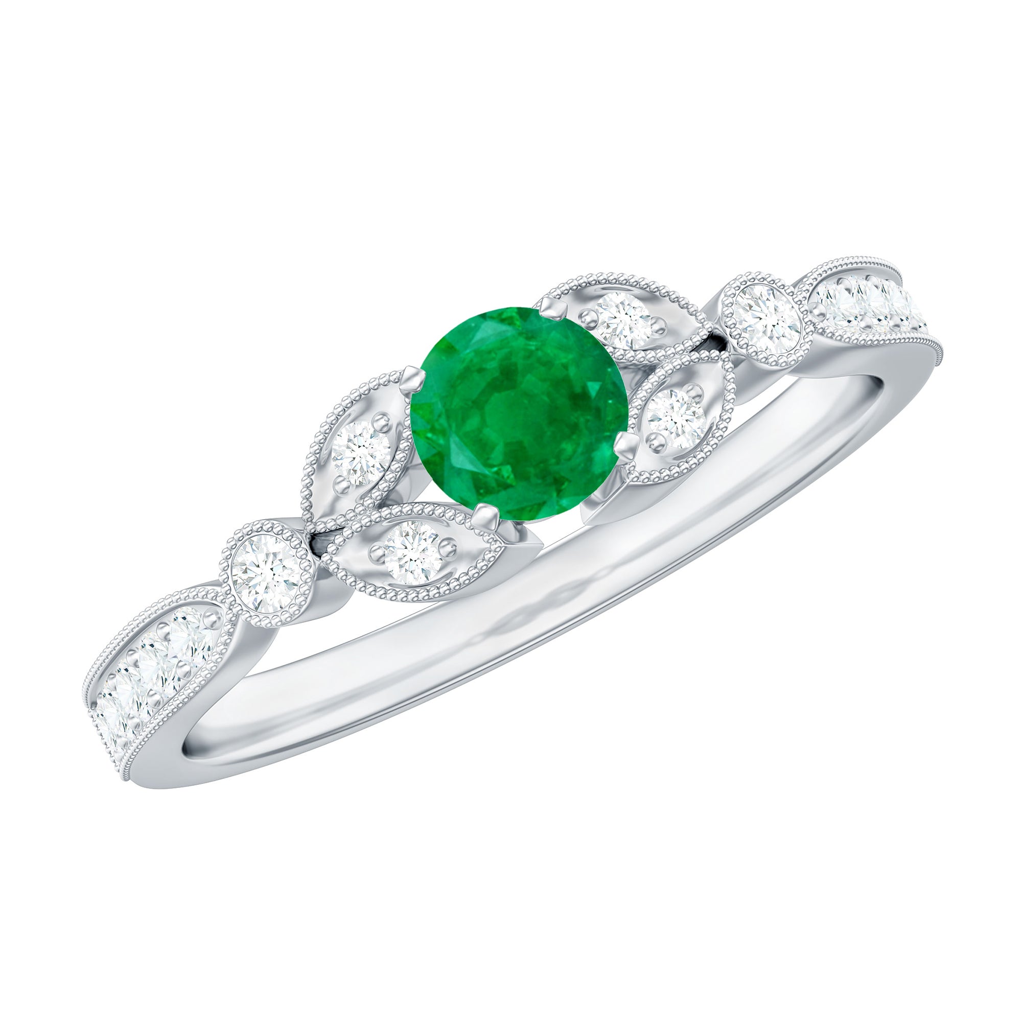 Rosec Jewels-Natural Emerald Vintage Inspired Engagement Ring with Diamond