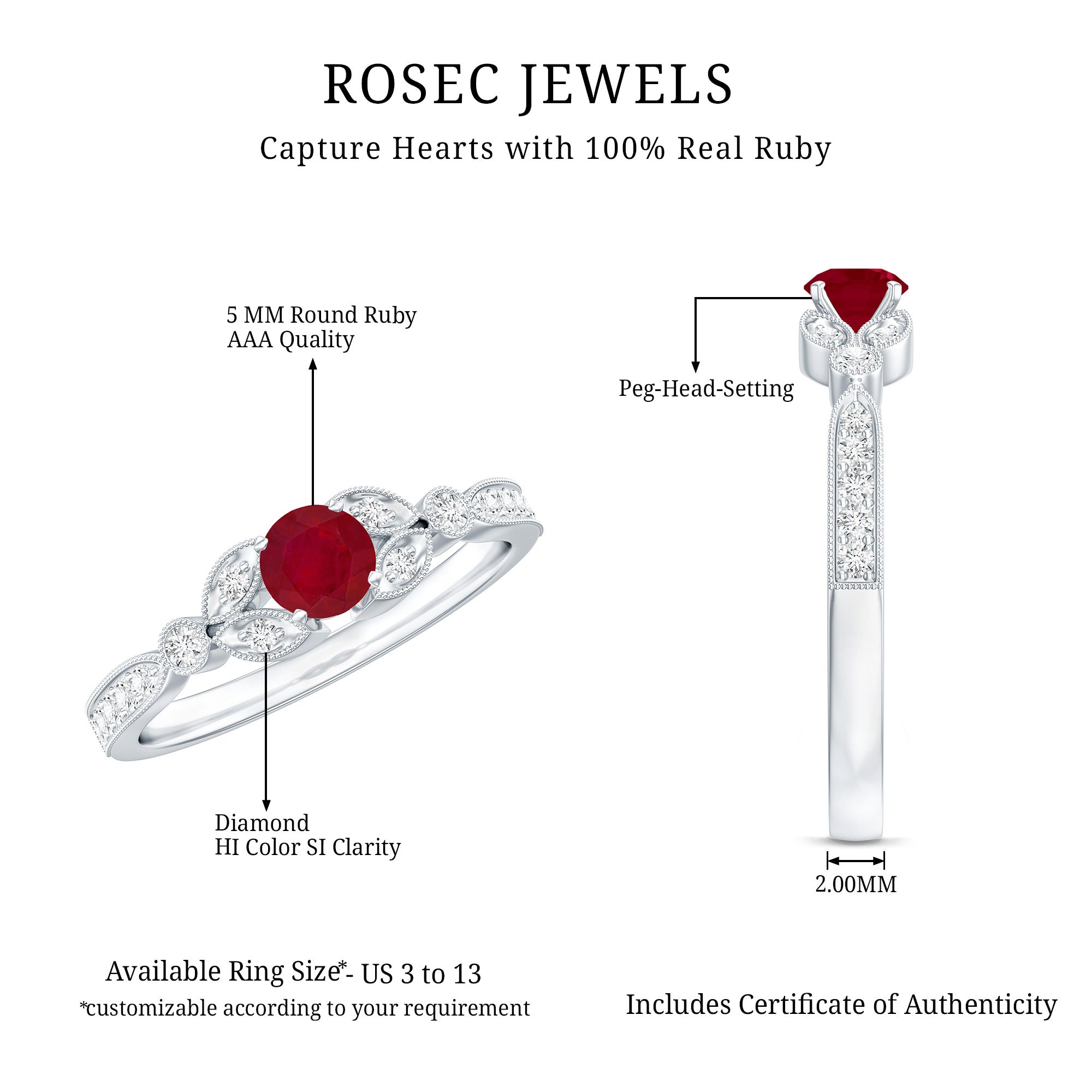 Vintage Style 0.6 Carat Ruby Diamond Engagement Ring for Women AAA - Rosec Jewels