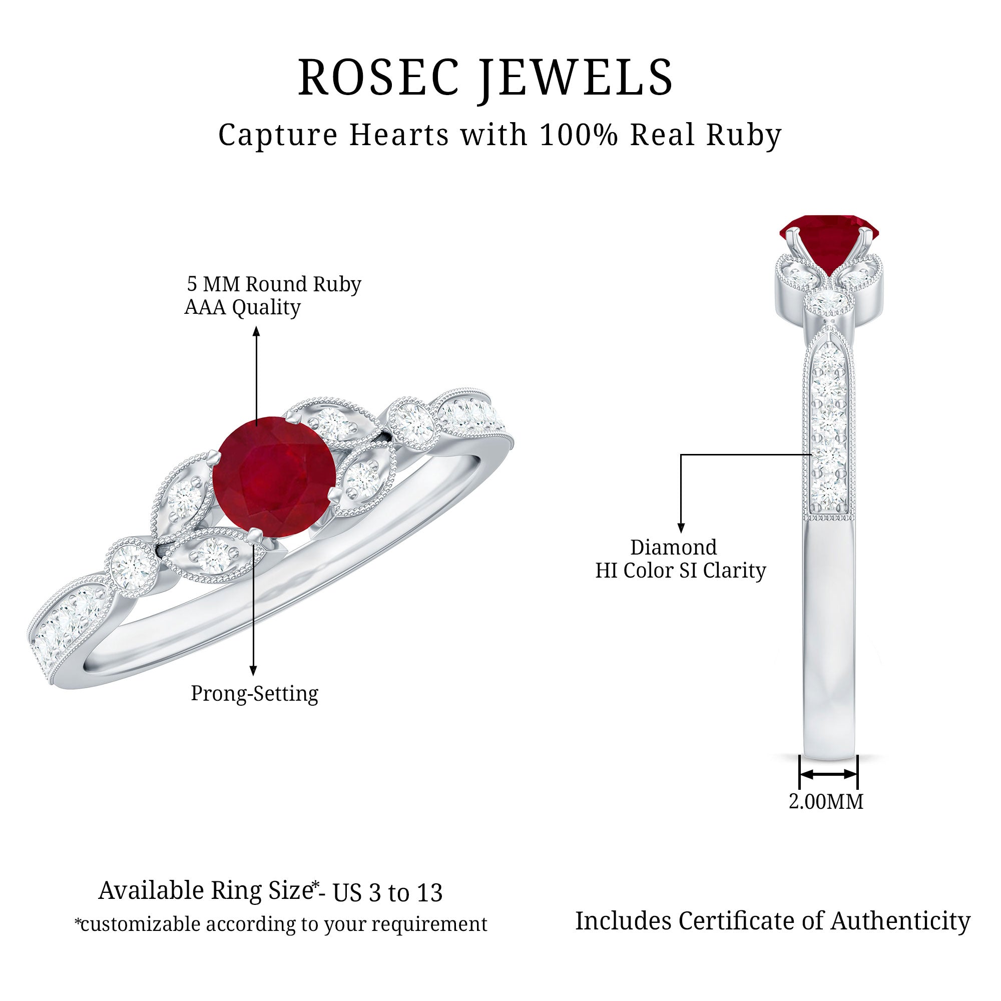 Rosec Jewels-Vintage Style 0.6 Carat Ruby Diamond Engagement Ring for Women
