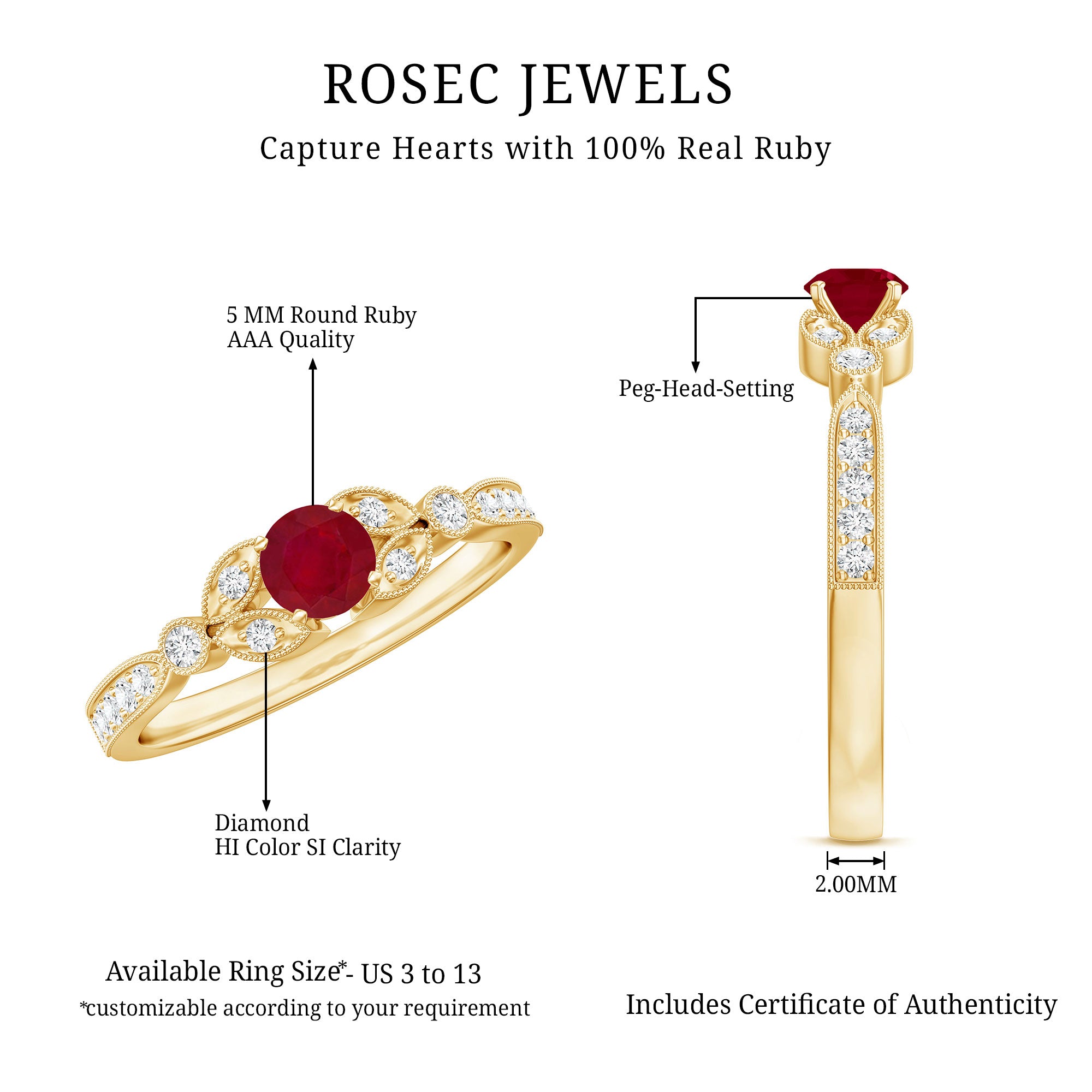Vintage Style 0.6 Carat Ruby Diamond Engagement Ring for Women AAA - Rosec Jewels