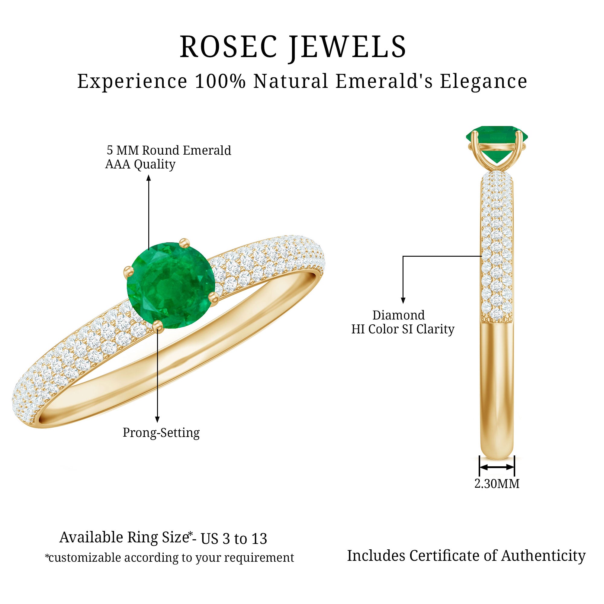 Classic Emerald Solitaire Engagement Ring with Real Diamond Side Stones AAA - Rosec Jewels
