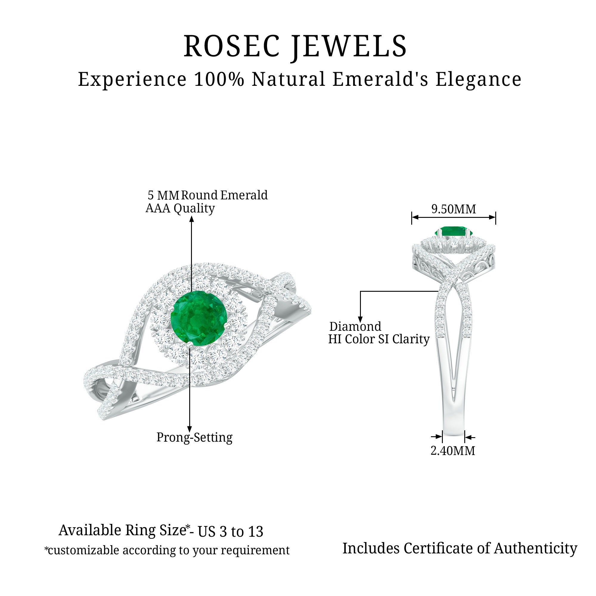 Natural Emerald Engagement Ring with Diamond Crossover Shank AAA - Rosec Jewels
