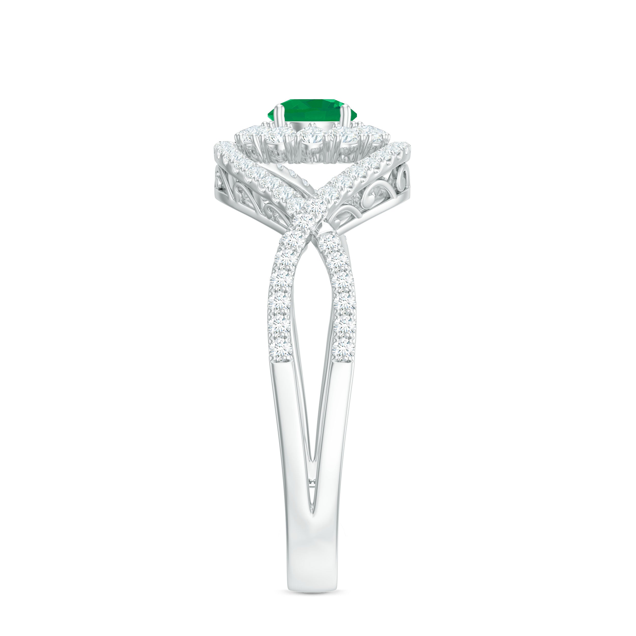 Natural Emerald Engagement Ring with Diamond Crossover Shank AAA - Rosec Jewels