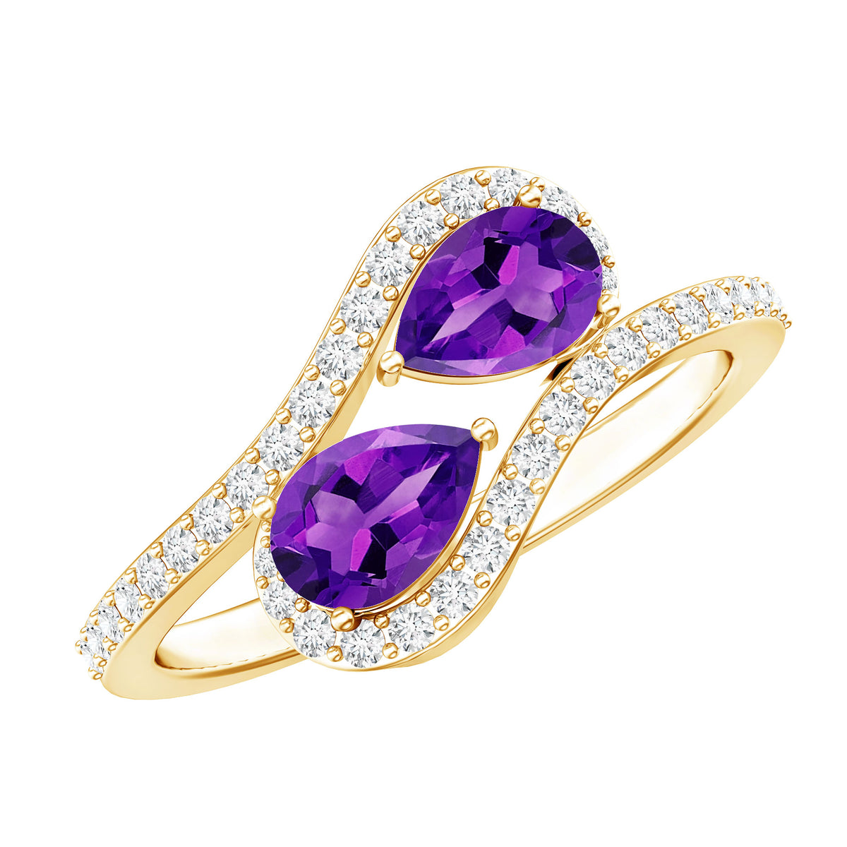 Vintage Inspired Amethyst 2 Stone Bypass Engagement Ring with Diamond AAA - Rosec Jewels