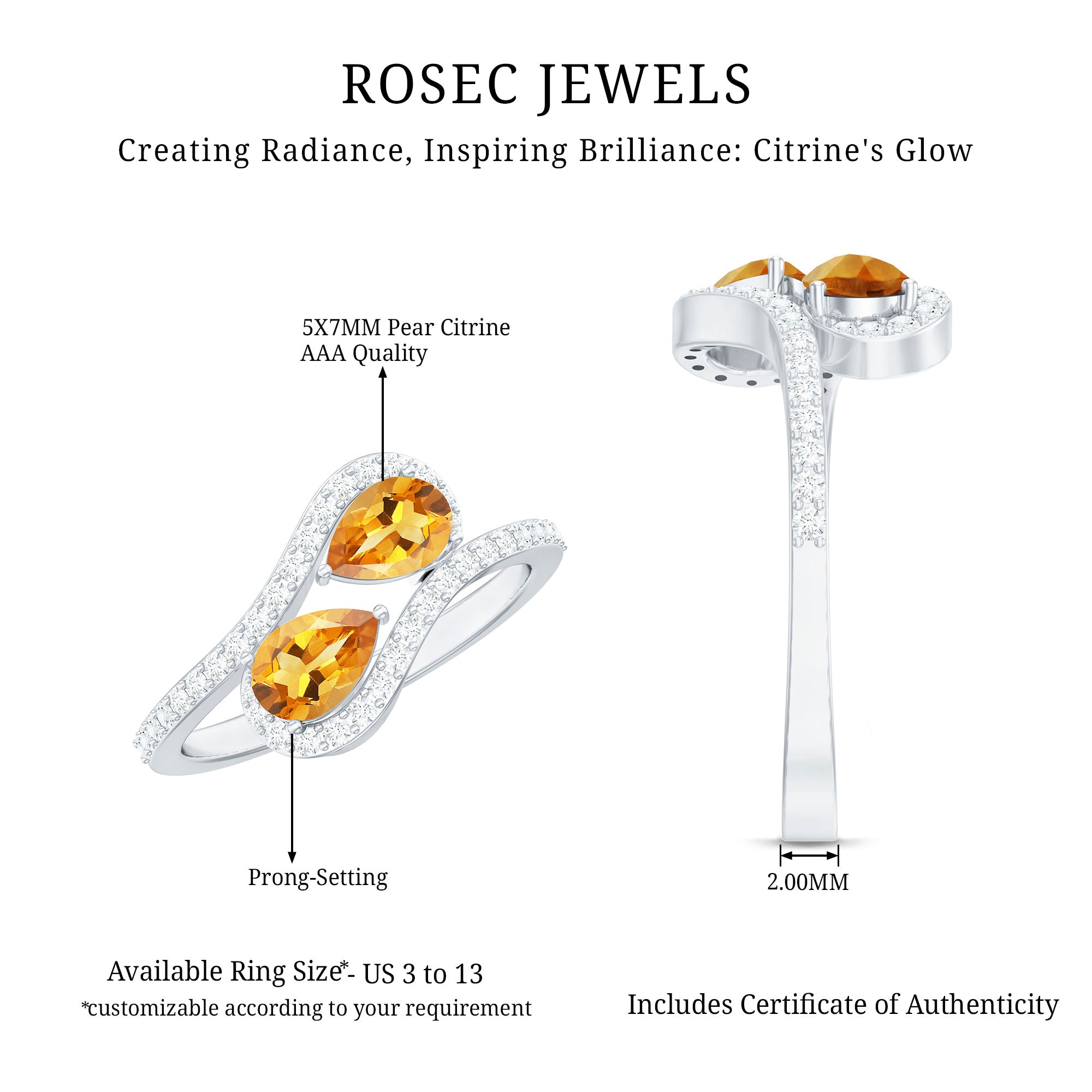 Rosec Jewels-Pear Shape Citrine Two Stone Engagement Ring with Diamond