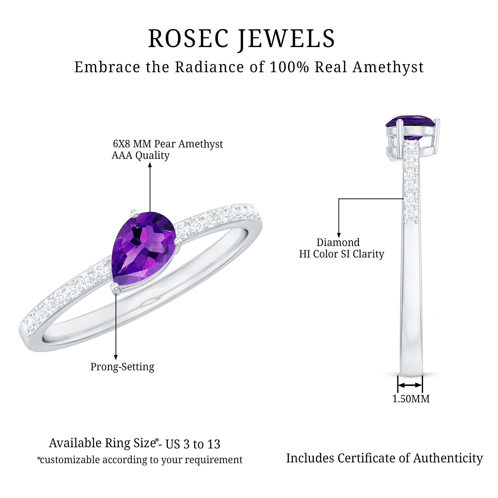 Natural 1 Carat Pear Shaped Amethyst Engagement Ring with Diamond AAA - Rosec Jewels