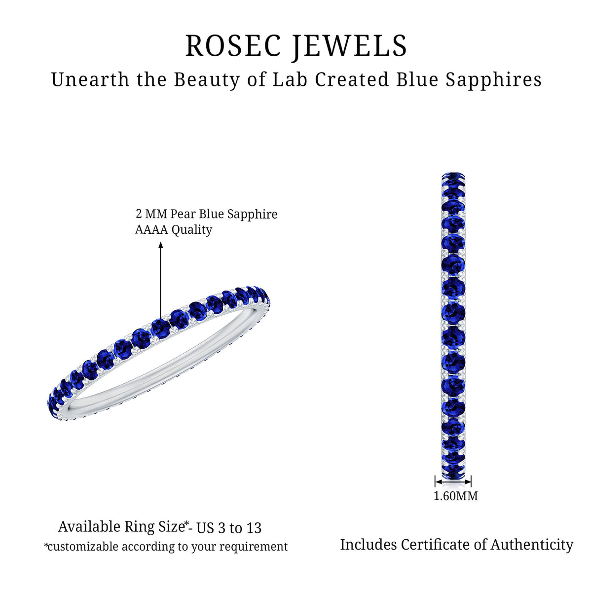 Certified Lab Created Blue Sapphire Full Eternity Stackable Ring AAAA - Rosec Jewels
