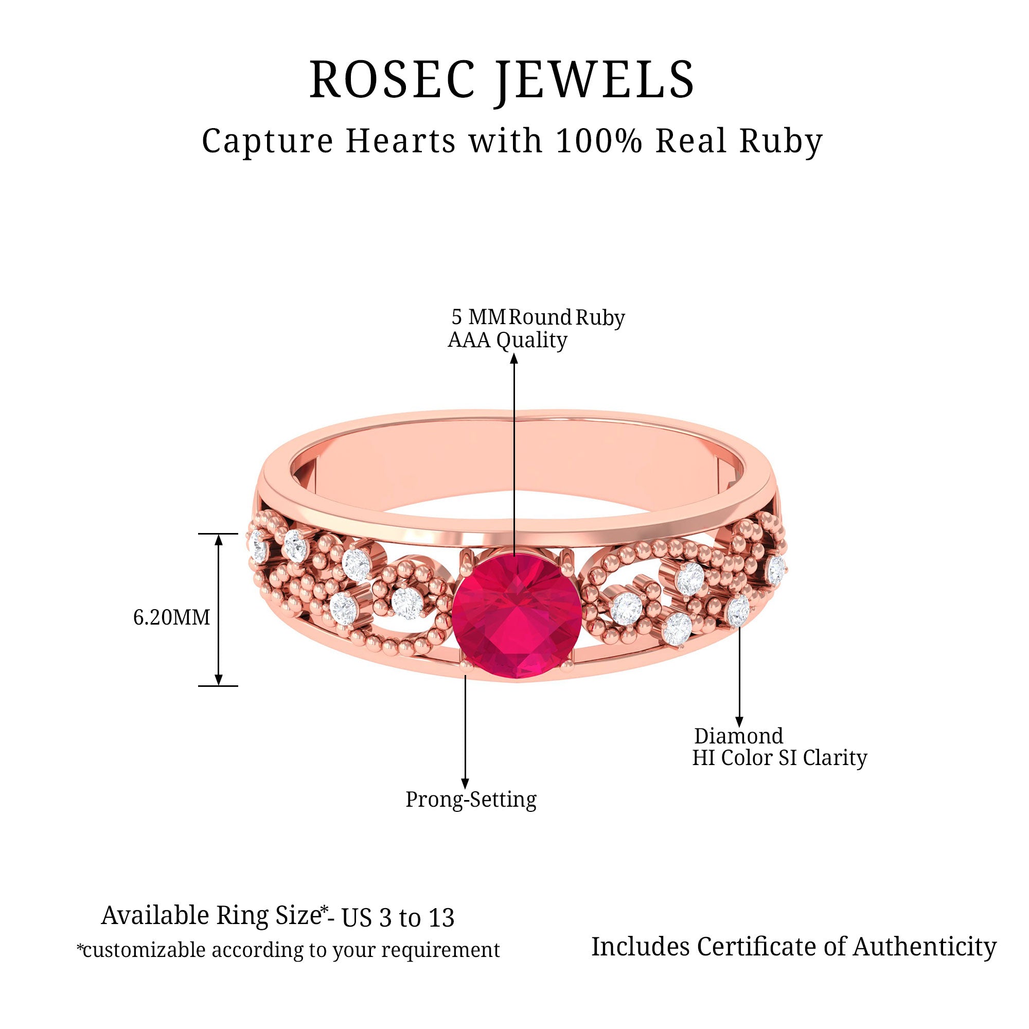 Natural 0.6 Carat Ruby Vintage Looking Engagement Ring with Diamond AAA - Rosec Jewels
