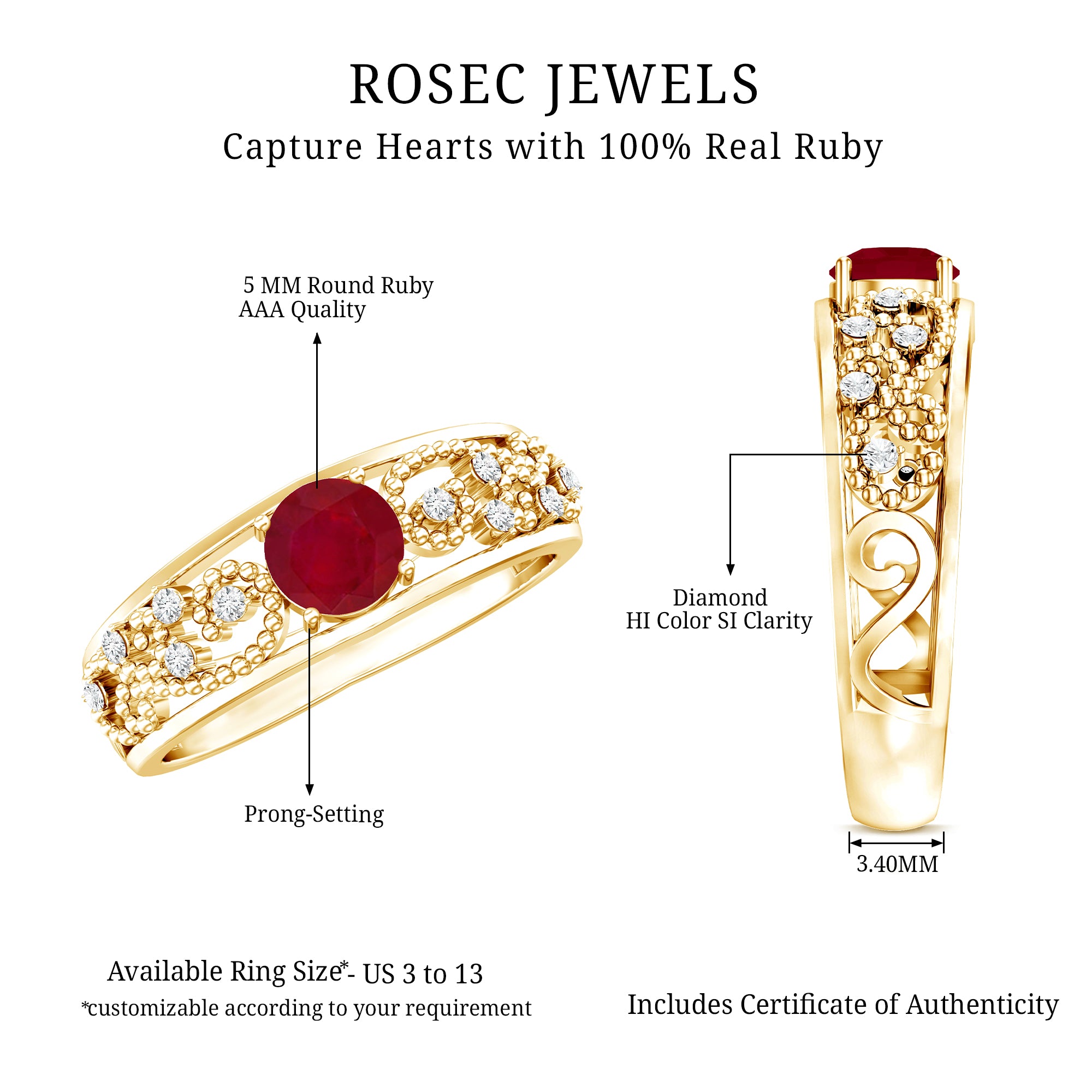 Natural 0.6 Carat Ruby Vintage Looking Engagement Ring with Diamond AAA - Rosec Jewels