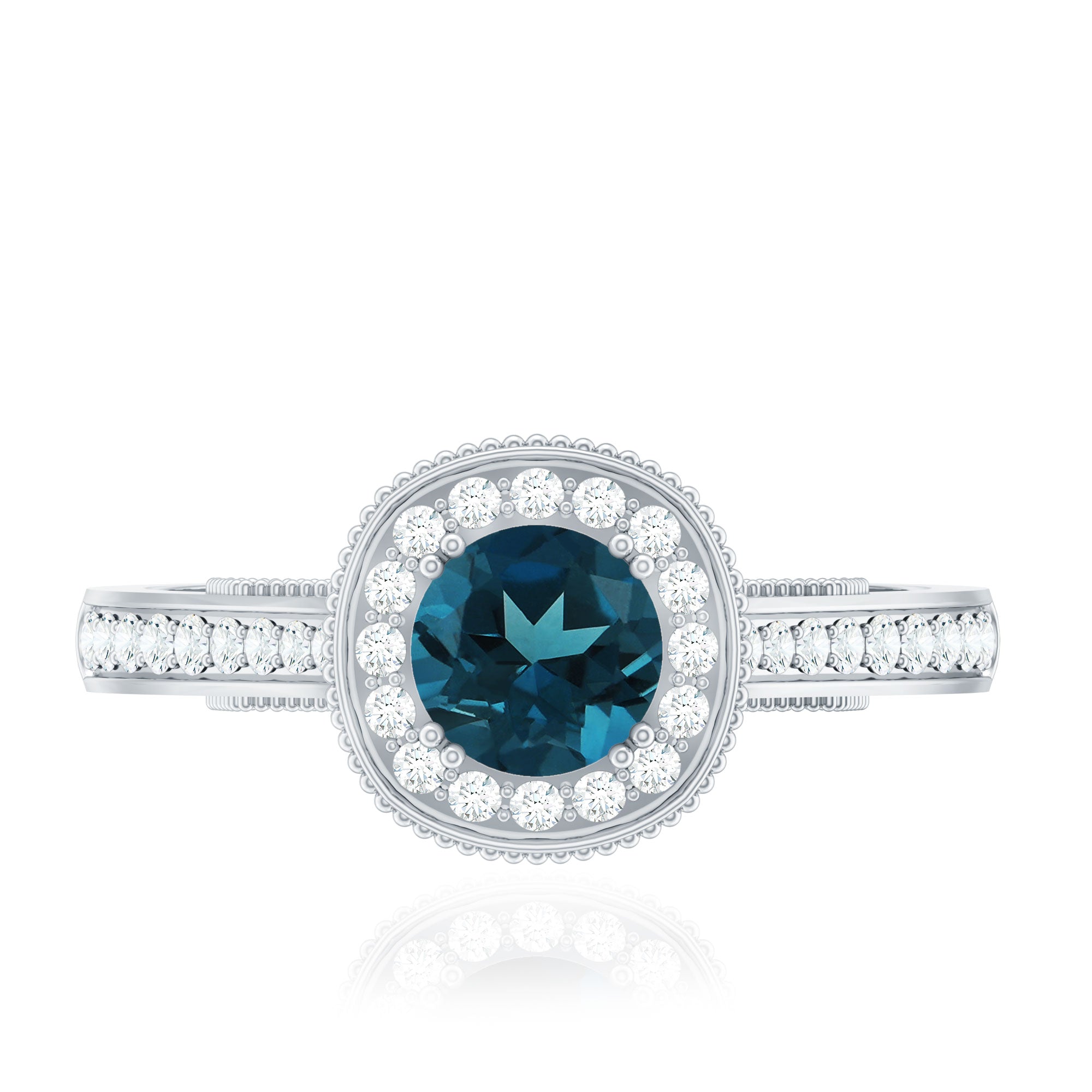 Vintage Looking London Blue Topaz Engagement Ring with Diamond Halo AAA - Rosec Jewels