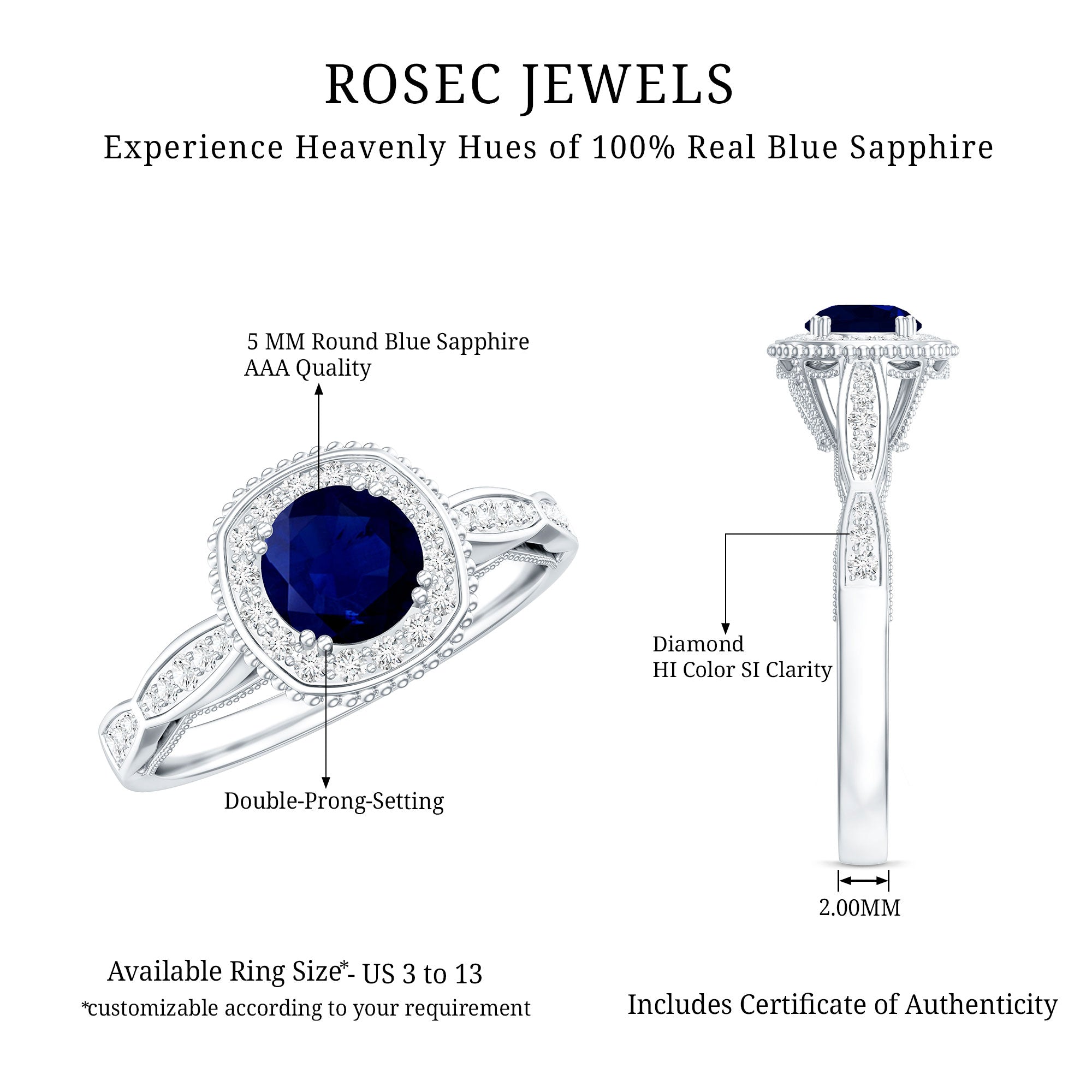 Round 0.9 Carat Blue Sapphire Antique Engagement Ring with Diamond Halo AAA - Rosec Jewels