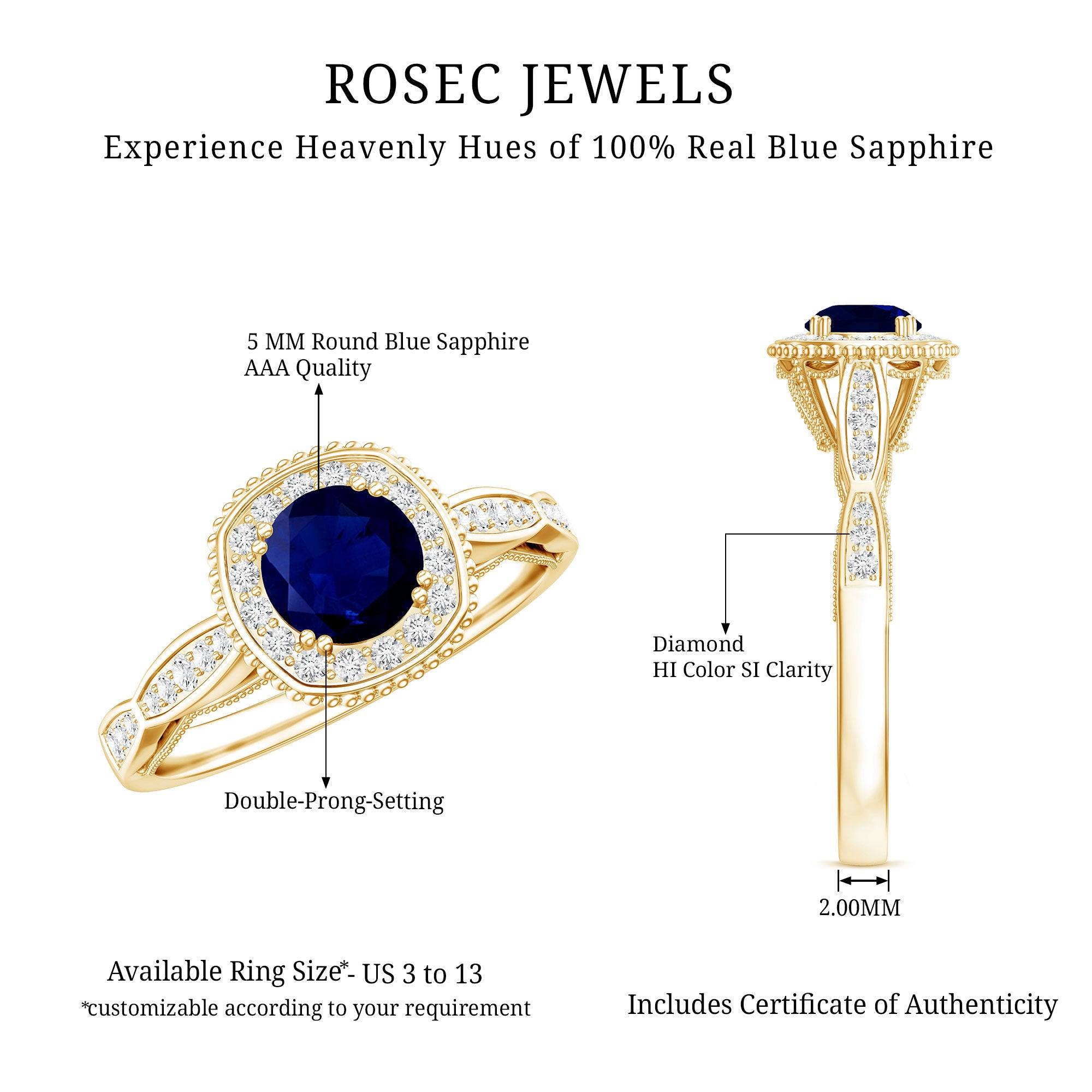 Round 0.9 Carat Blue Sapphire Antique Engagement Ring with Diamond Halo AAA - Rosec Jewels