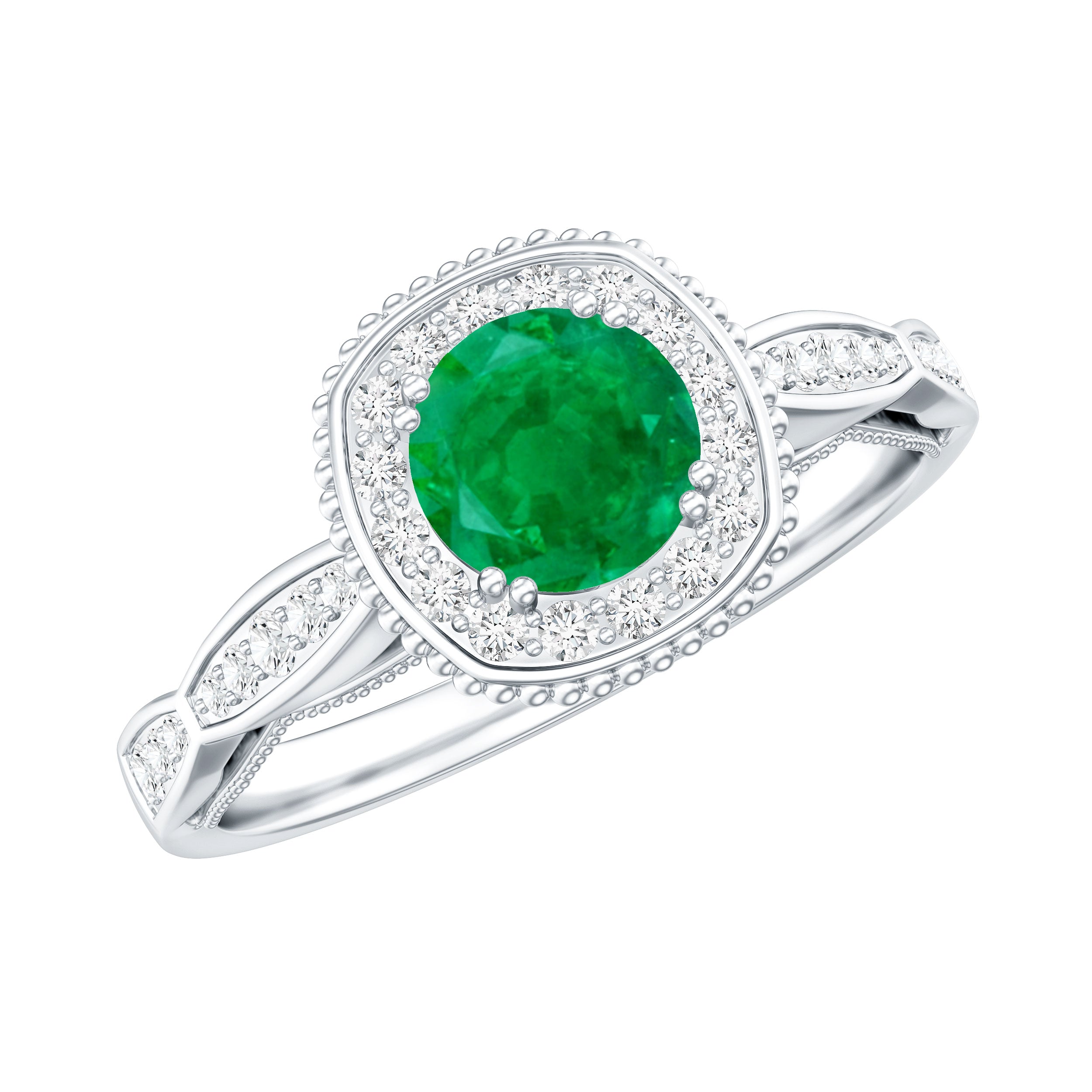 Emerald Vintage Looking Engagement Ring with Diamond Halo AAA - Rosec Jewels
