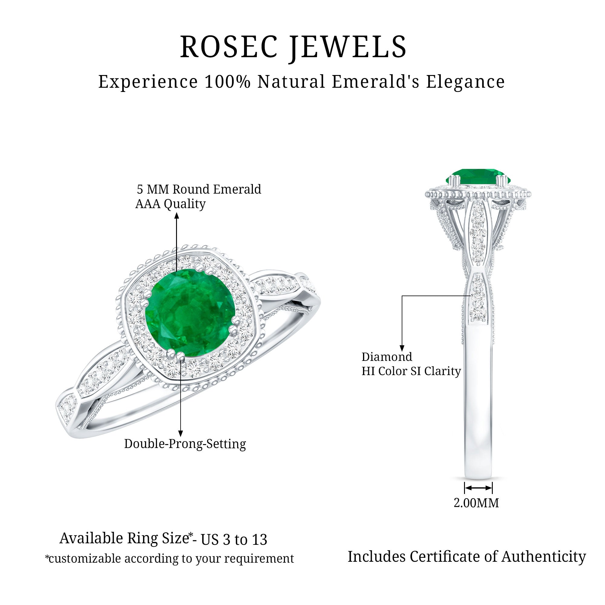 Emerald Vintage Looking Engagement Ring with Diamond Halo AAA - Rosec Jewels