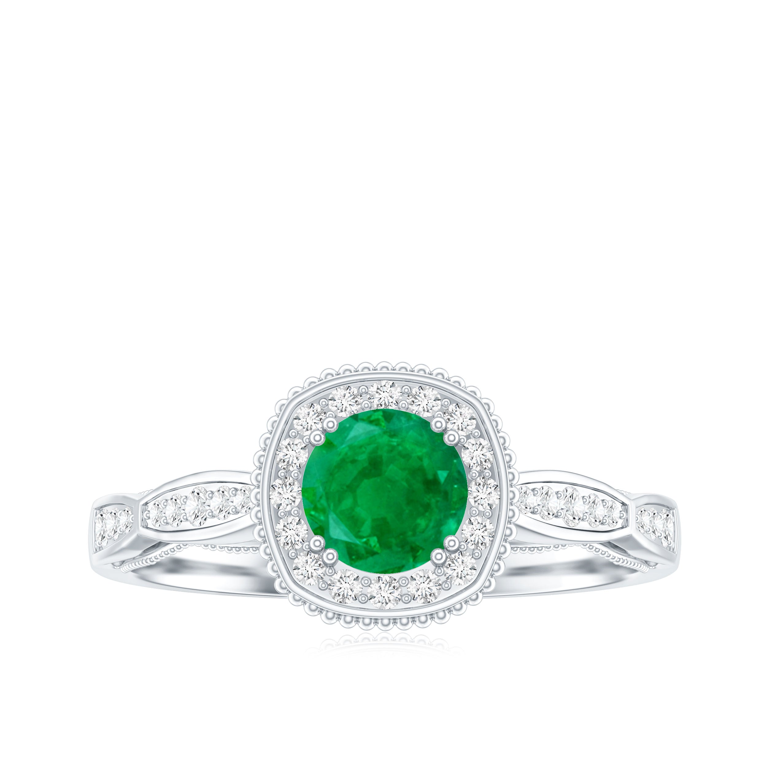 Emerald Vintage Looking Engagement Ring with Diamond Halo AAA - Rosec Jewels