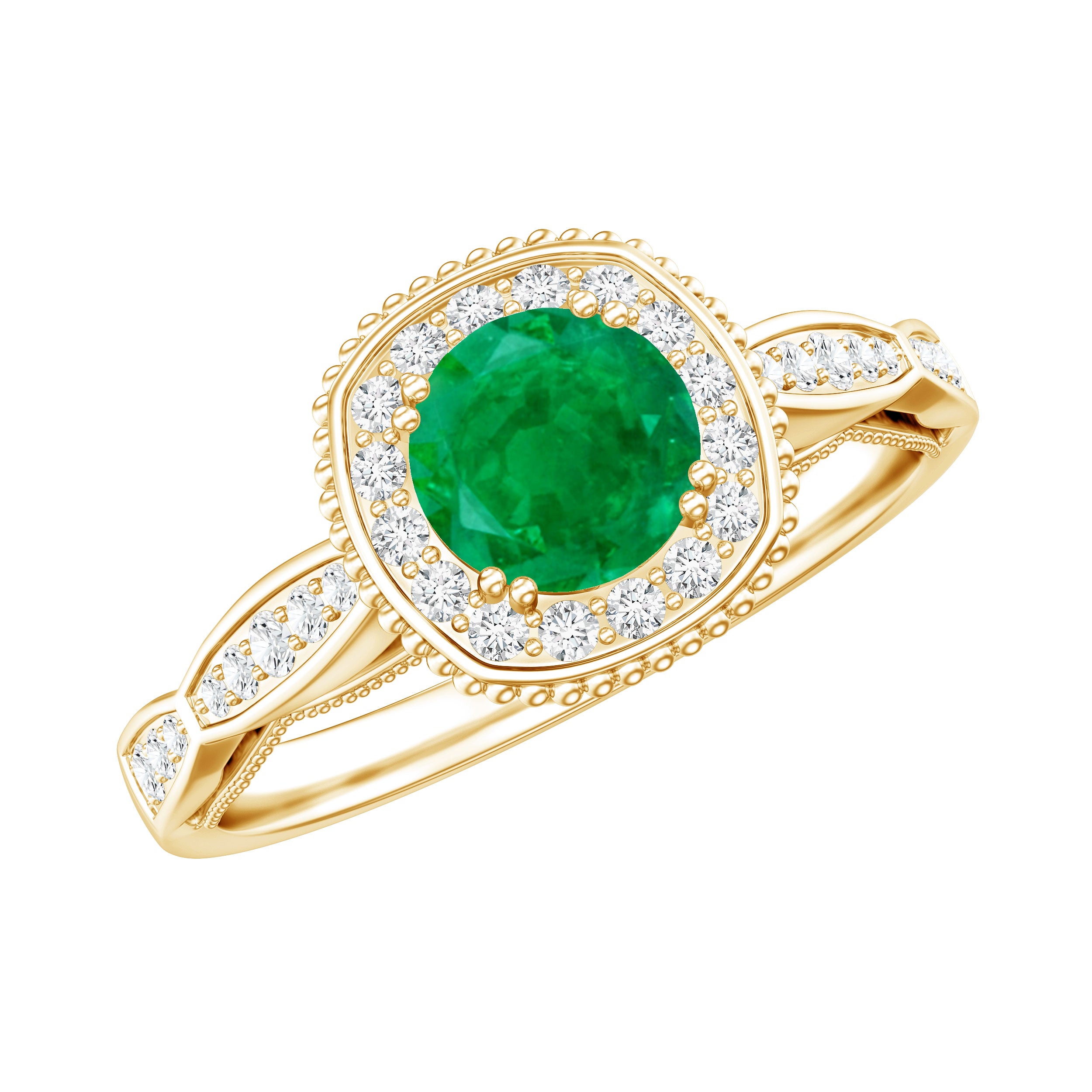 Emerald Vintage Looking Engagement Ring with Diamond Halo AAA - Rosec Jewels
