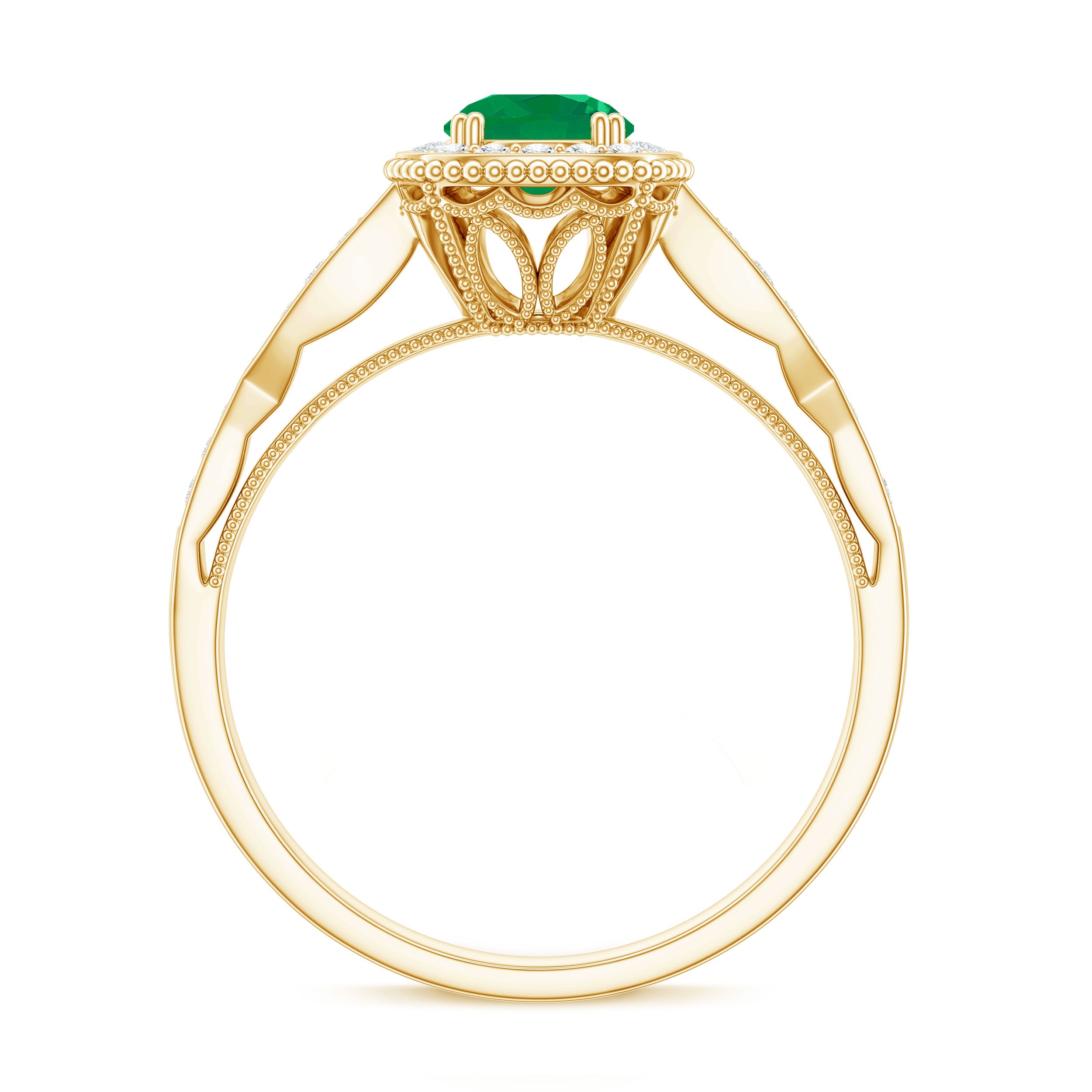 Emerald Vintage Looking Engagement Ring with Diamond Halo AAA - Rosec Jewels