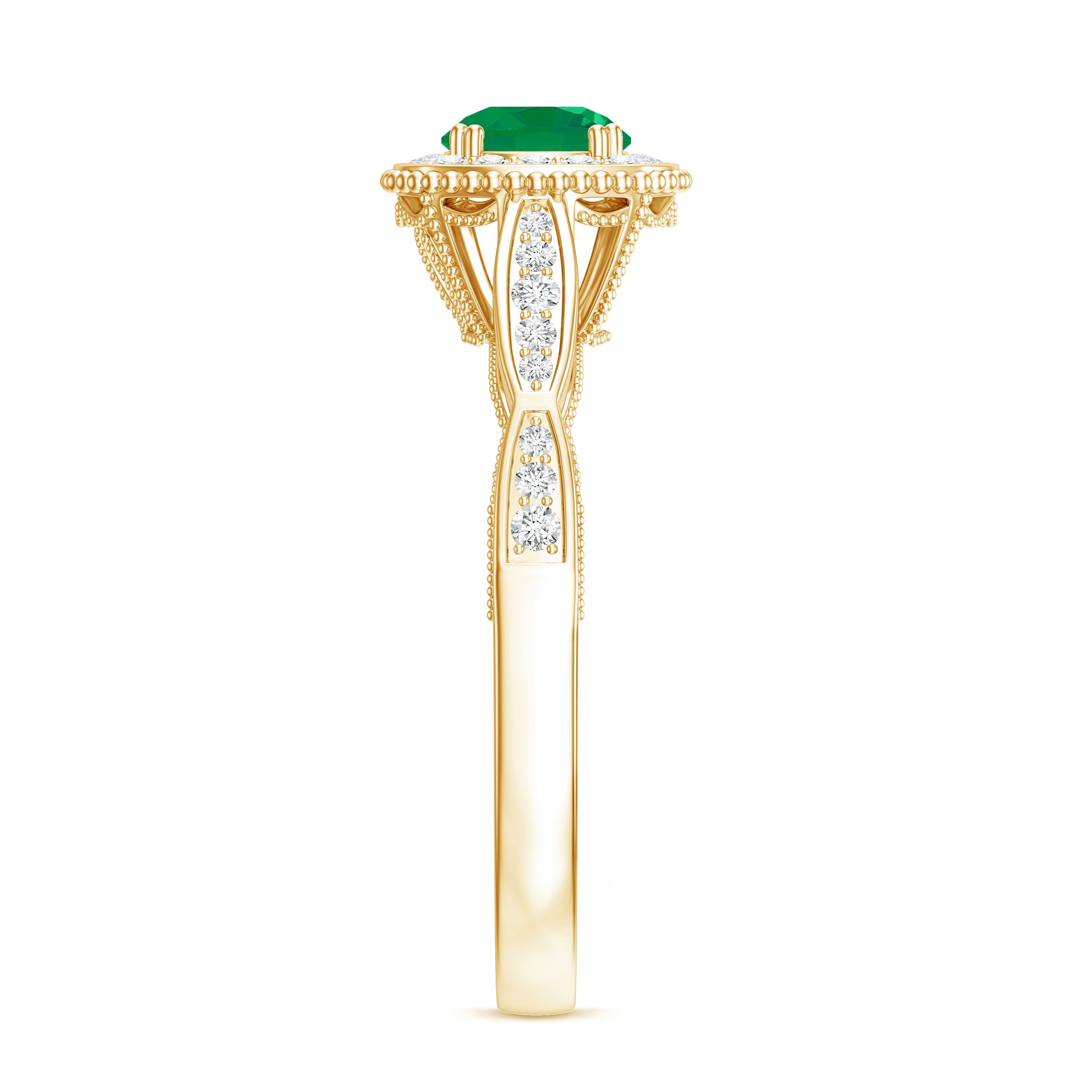 Emerald Vintage Looking Engagement Ring with Diamond Halo AAA - Rosec Jewels