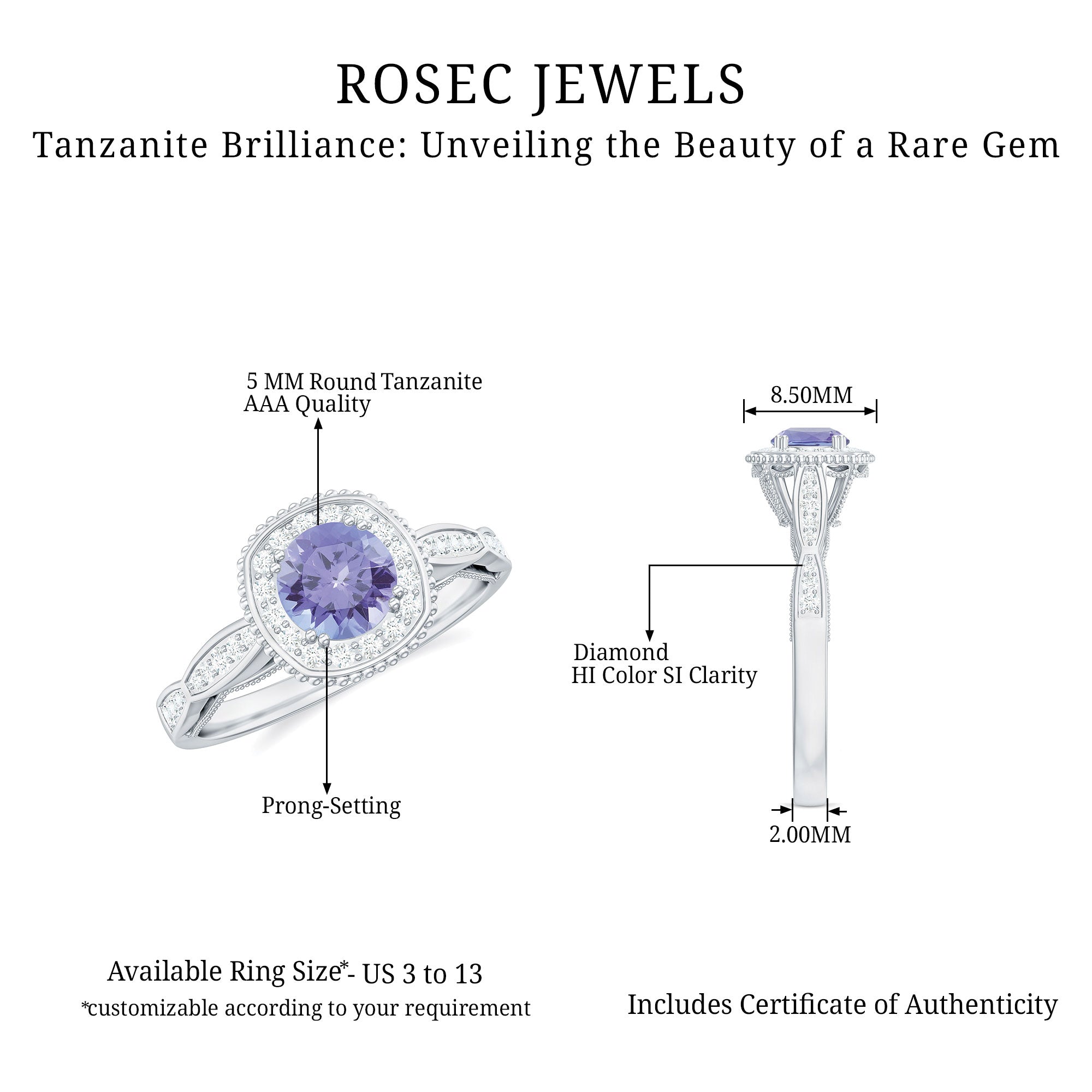 Vintage Style Tanzanite Engagement Ring with Diamond Halo for Women AAA - Rosec Jewels