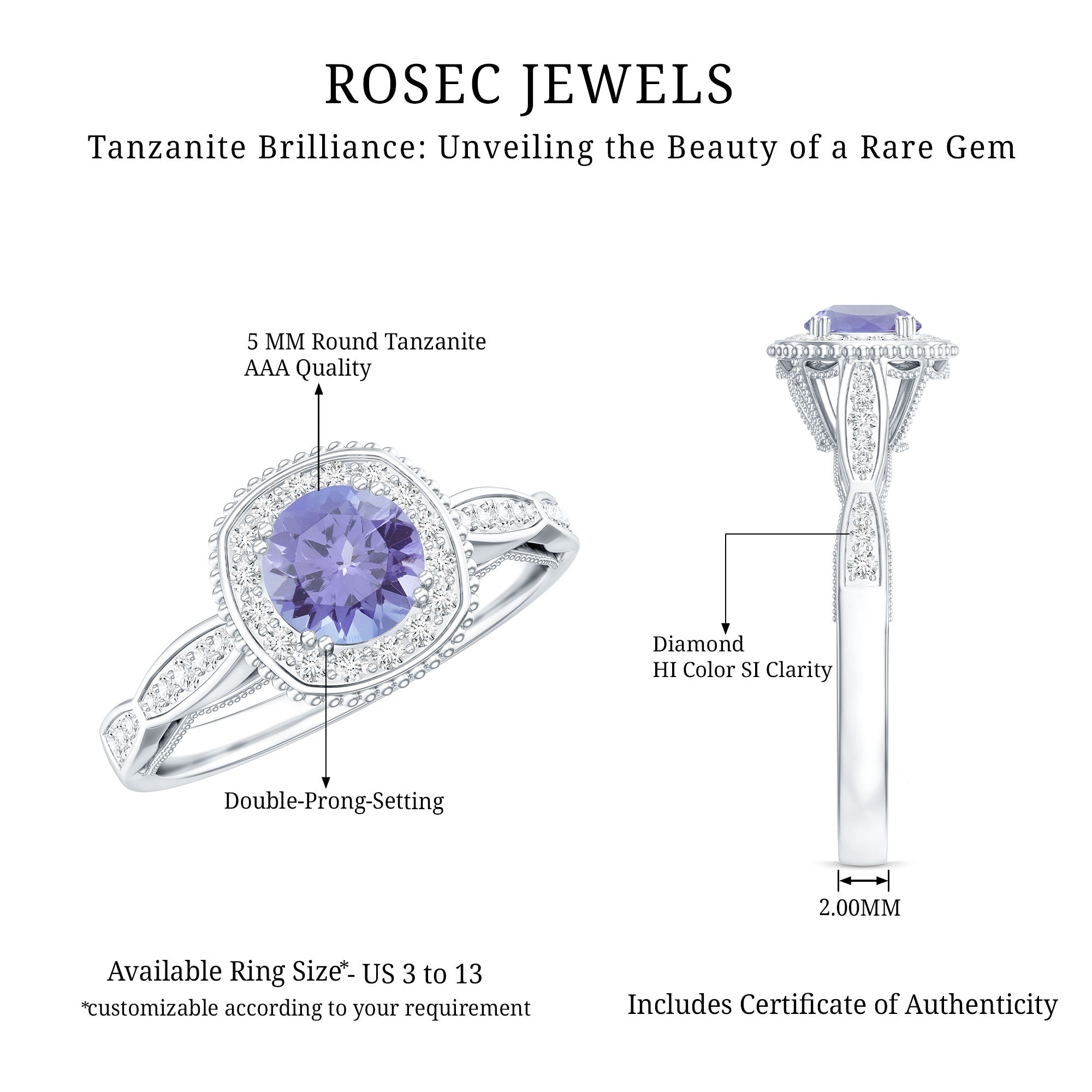 Vintage Style Tanzanite Engagement Ring with Diamond Halo for Women AAA - Rosec Jewels