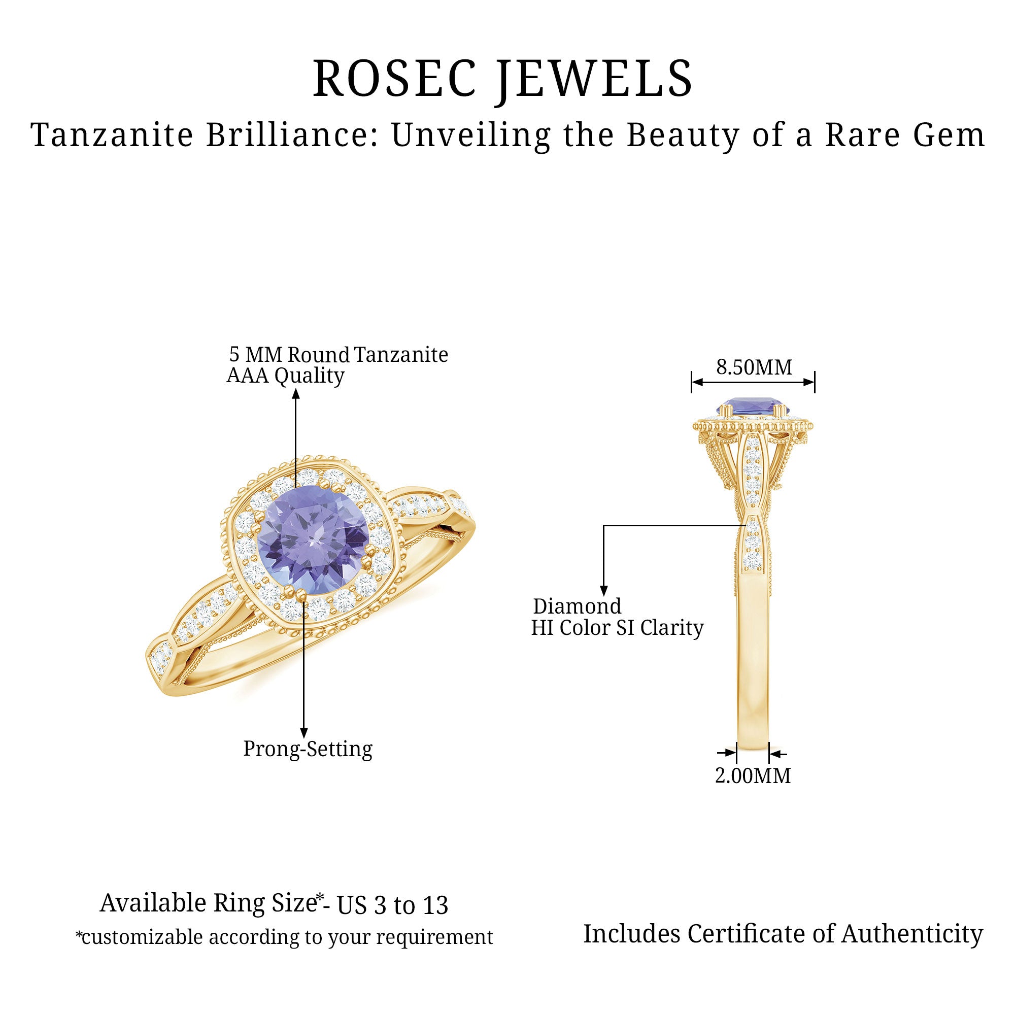 Vintage Style Tanzanite Engagement Ring with Diamond Halo for Women AAA - Rosec Jewels