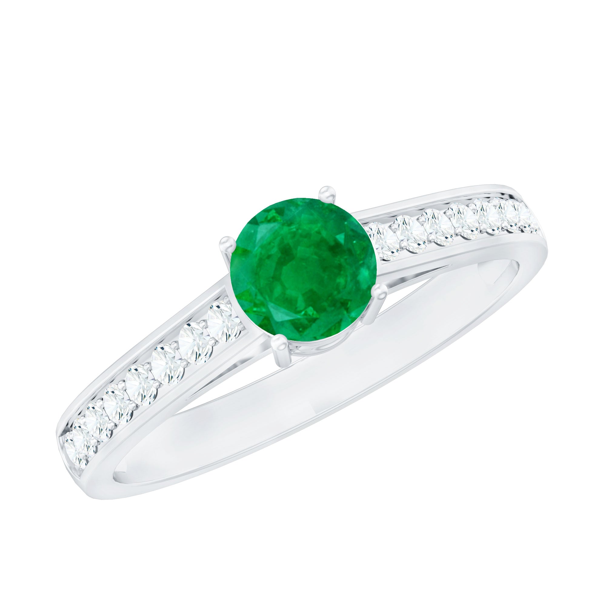 Genuine 5mm Emerald Solitaire Engagement Ring with Diamond Side Stones AAA - Rosec Jewels