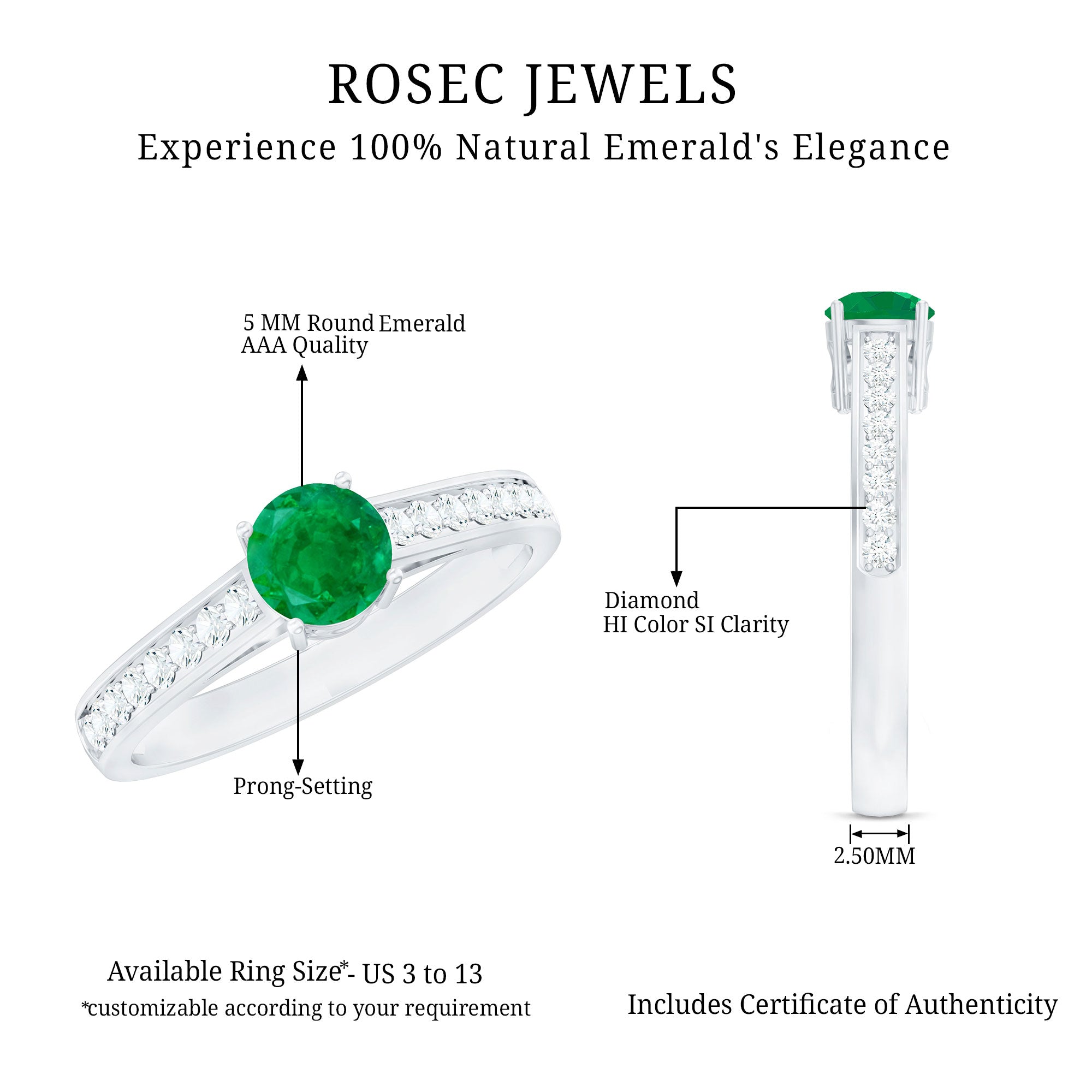 Genuine 5mm Emerald Solitaire Engagement Ring with Diamond Side Stones AAA - Rosec Jewels