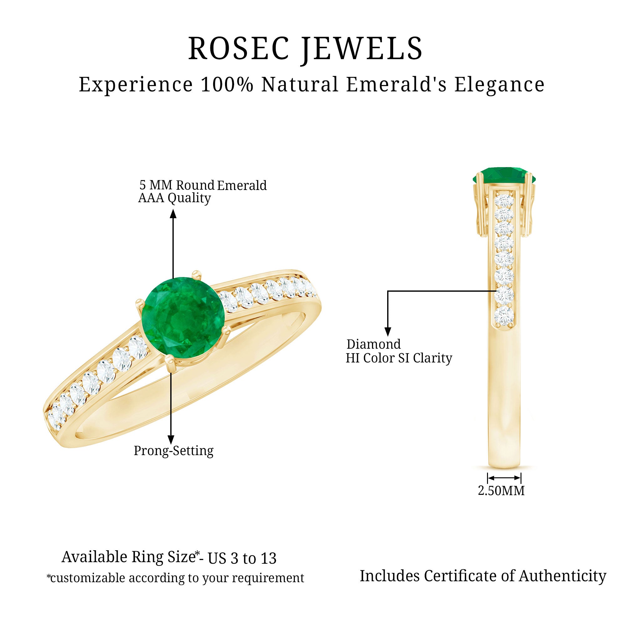 Genuine 5mm Emerald Solitaire Engagement Ring with Diamond Side Stones AAA - Rosec Jewels