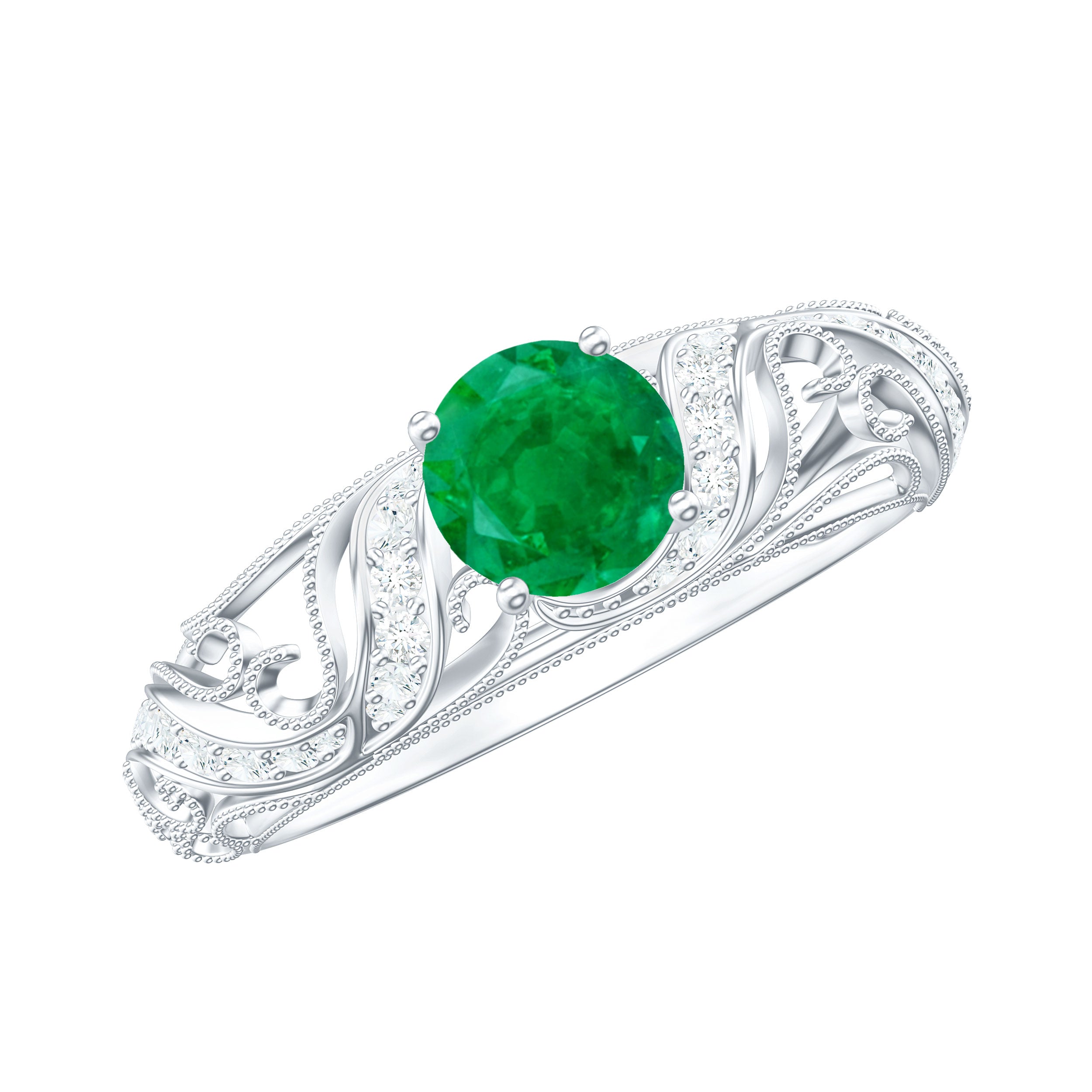 Vintage Looking Emerald and Diamond Engagement Ring for Women