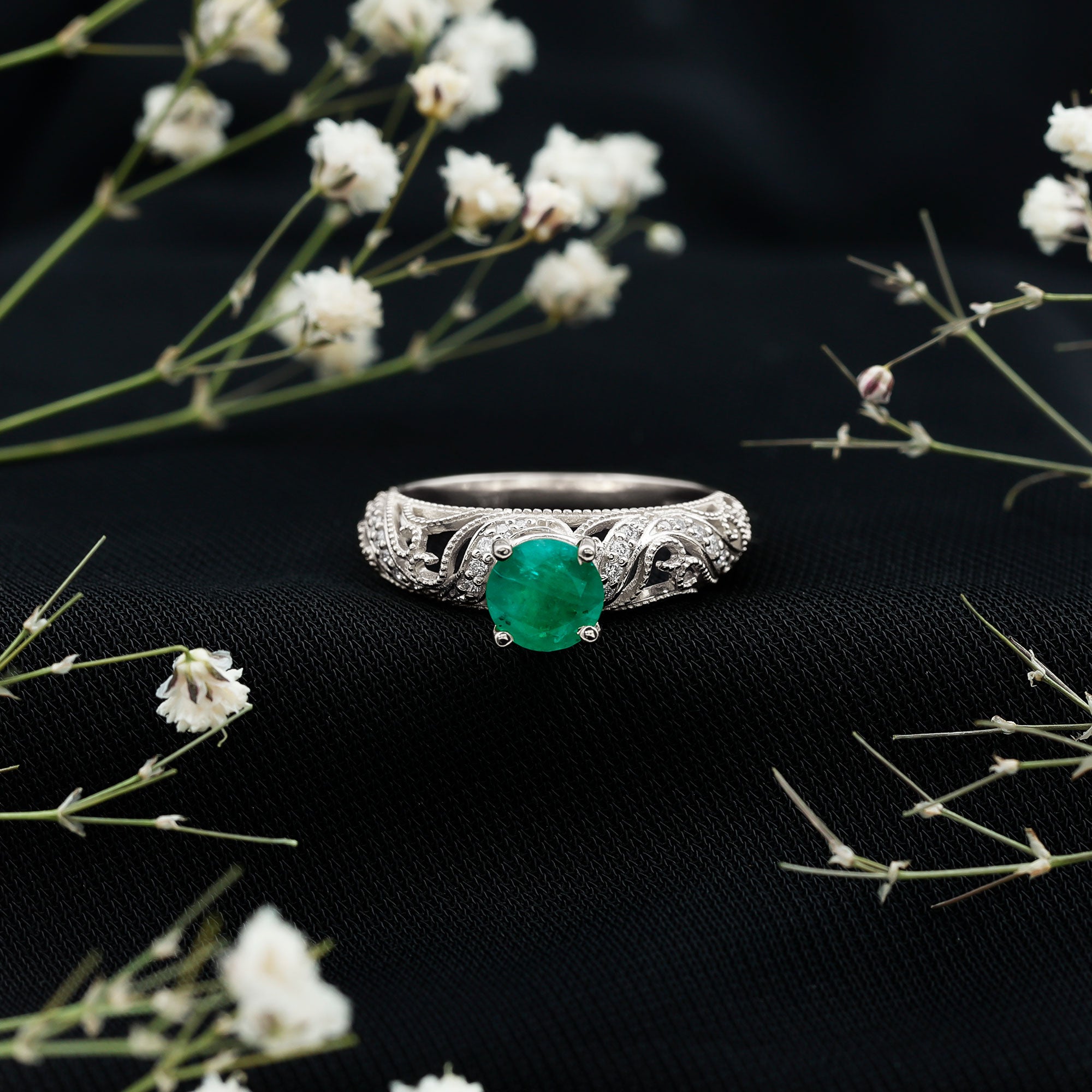 Rosec Jewels-Vintage Looking Emerald and Diamond Engagement Ring for Women