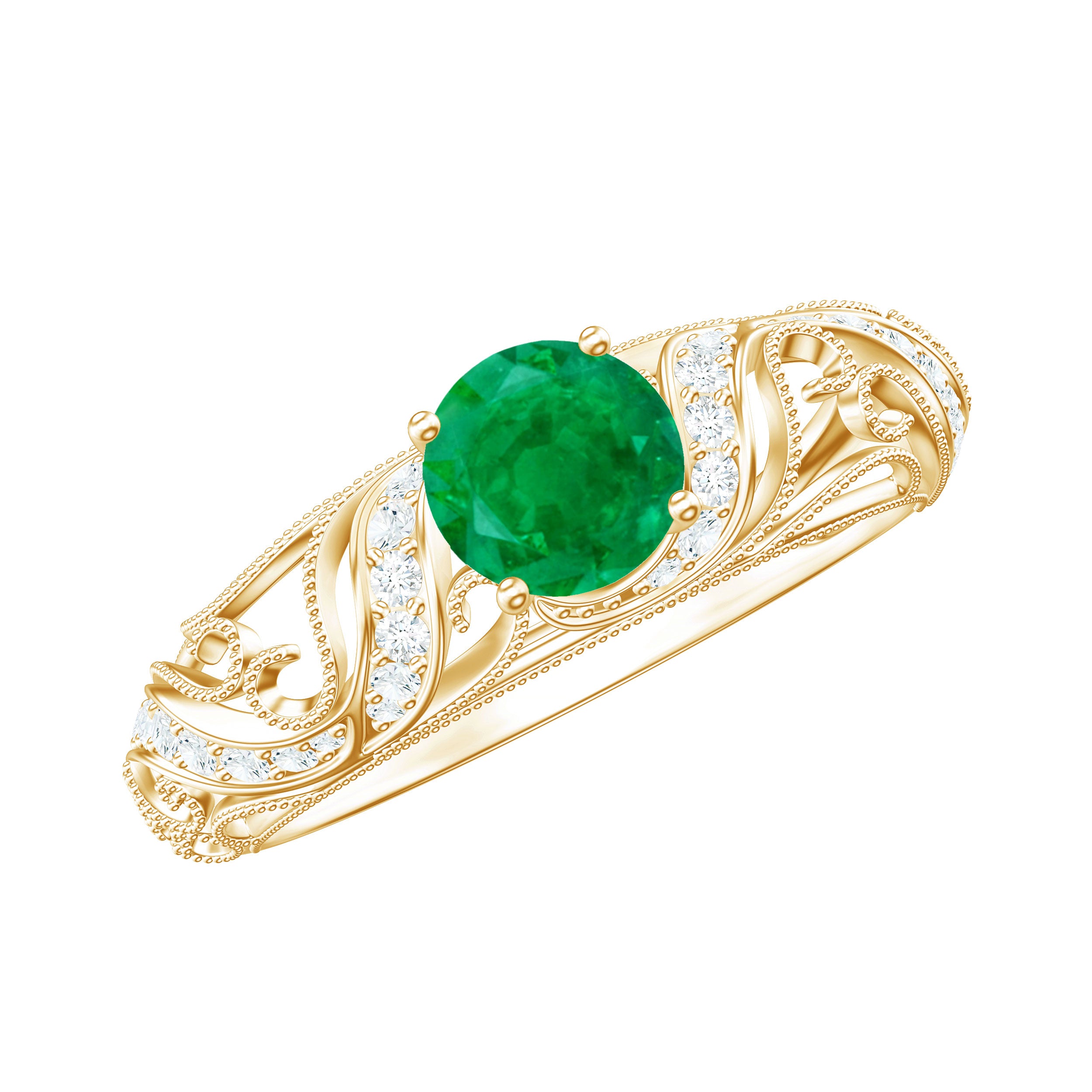 Rosec Jewels-Vintage Looking Emerald and Diamond Engagement Ring for Women