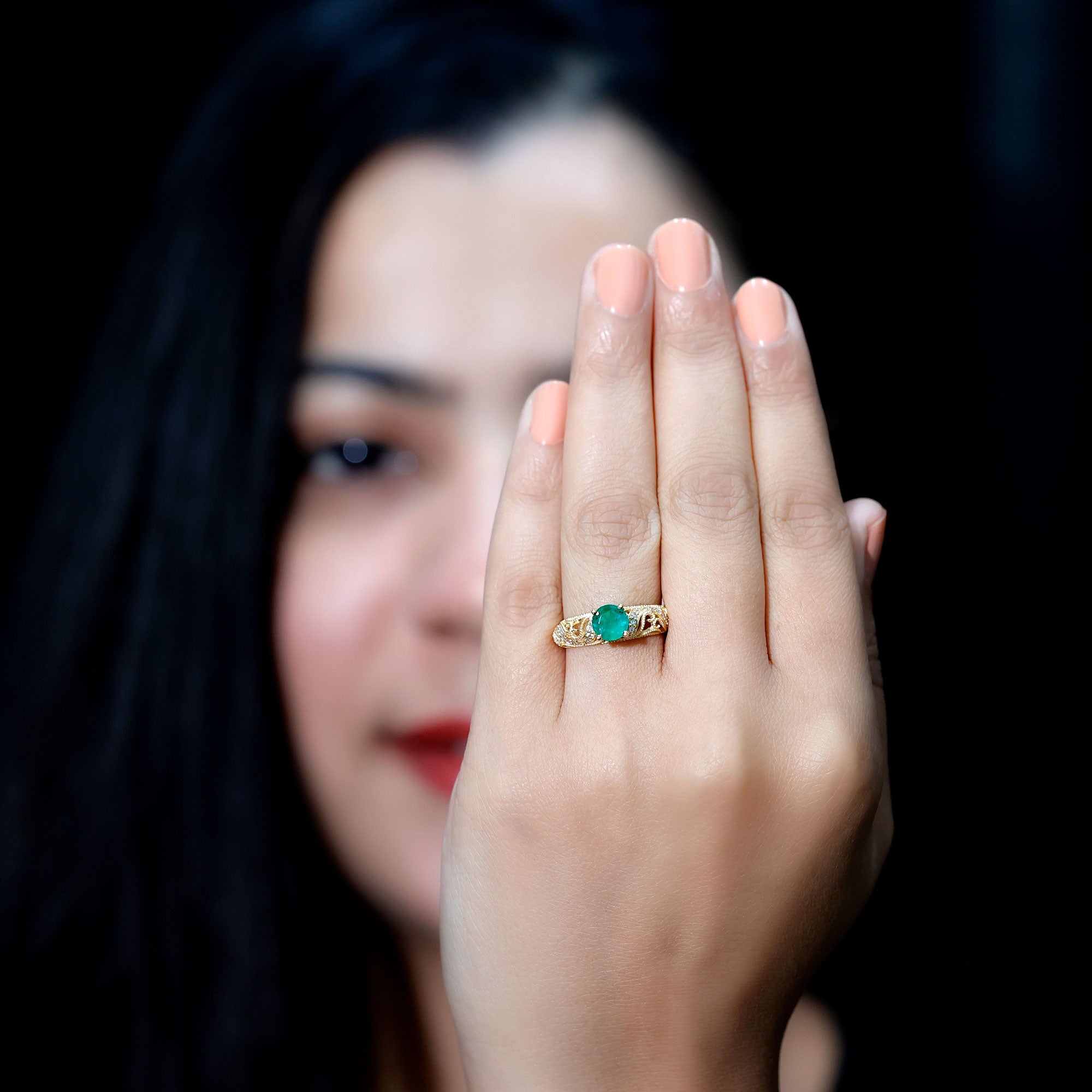 Rosec Jewels-Vintage Looking Emerald and Diamond Engagement Ring for Women