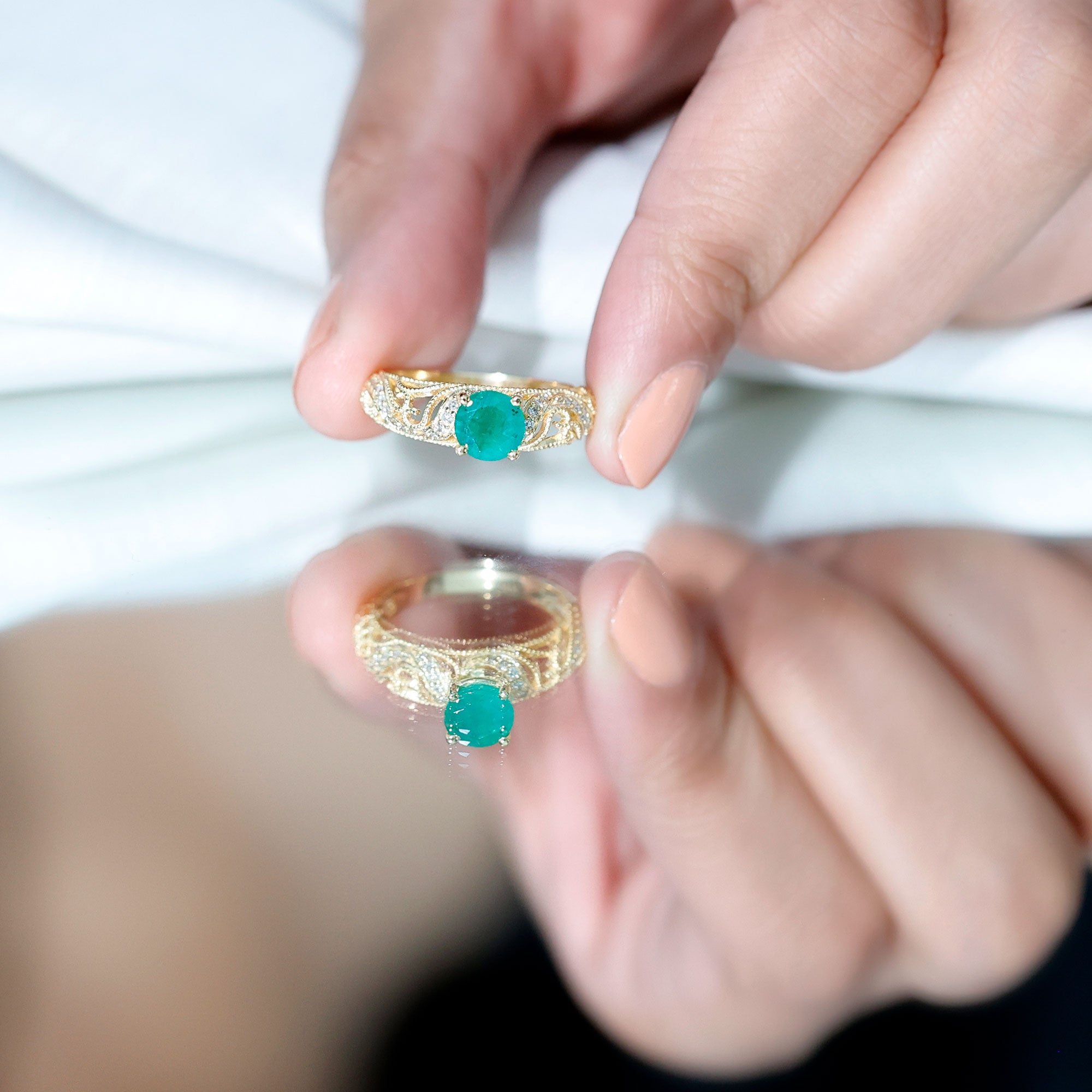 Rosec Jewels-Vintage Looking Emerald and Diamond Engagement Ring for Women
