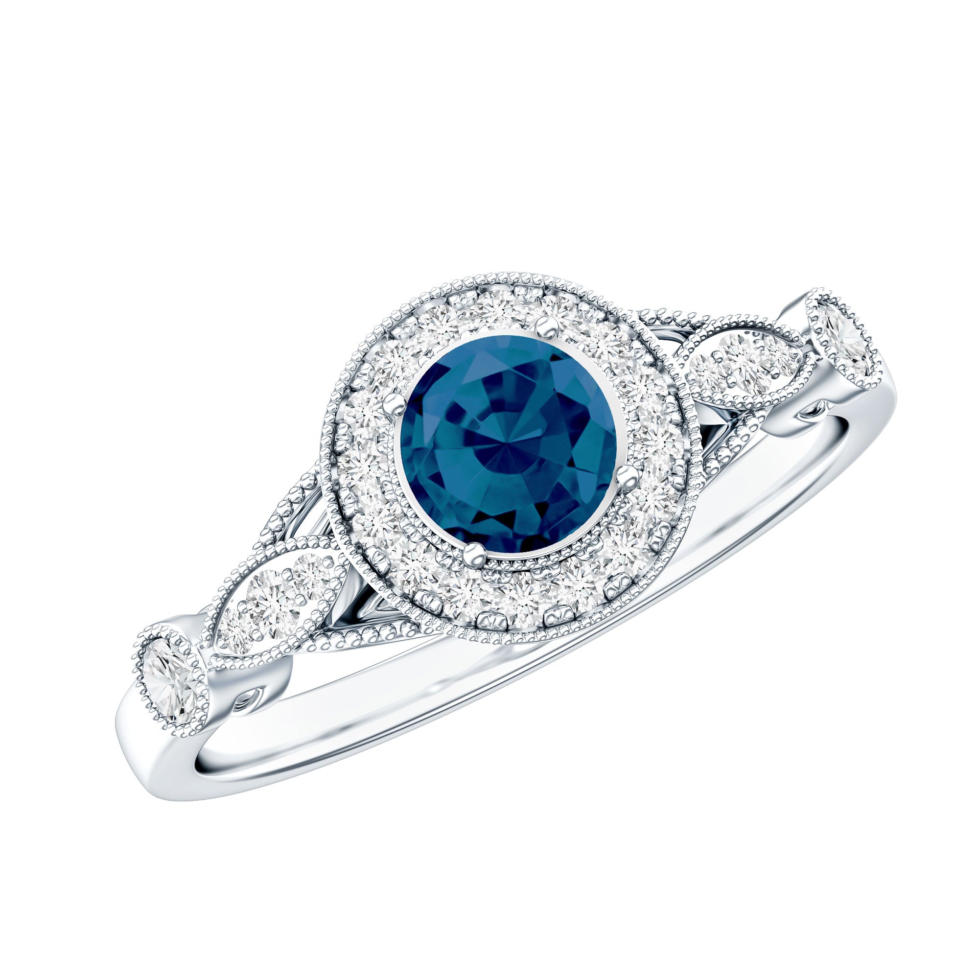 5mm London Blue Topaz Antique Engagement Ring with Diamond Halo AAA - Rosec Jewels