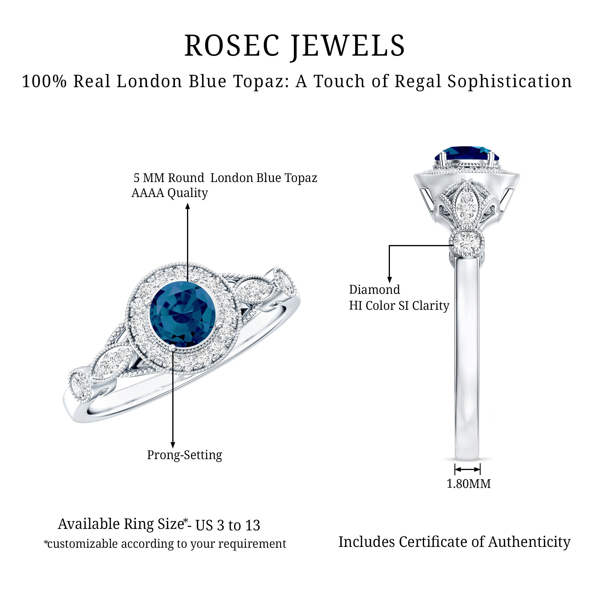 5mm London Blue Topaz Antique Engagement Ring with Diamond Halo AAA - Rosec Jewels