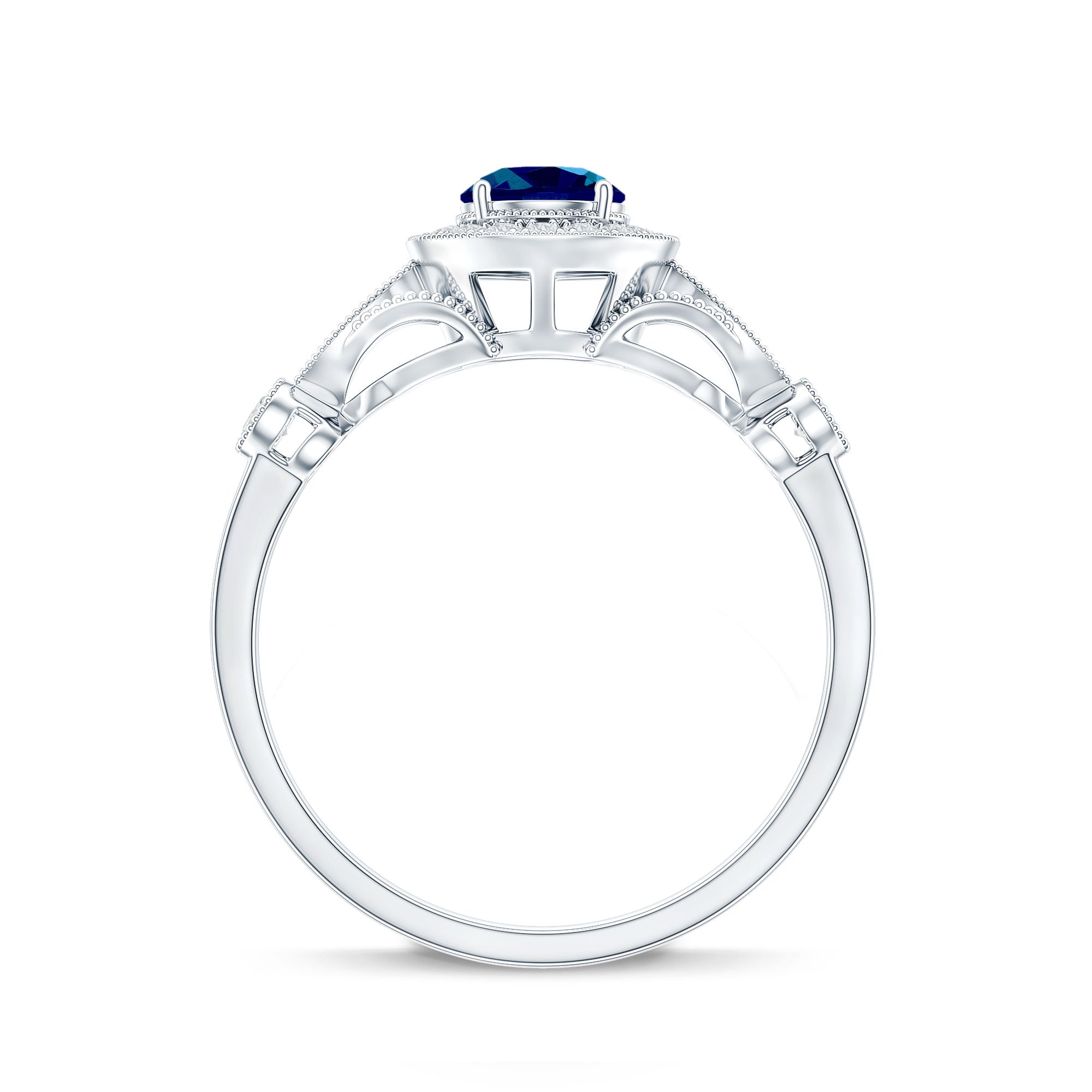 5mm London Blue Topaz Antique Engagement Ring with Diamond Halo AAA - Rosec Jewels