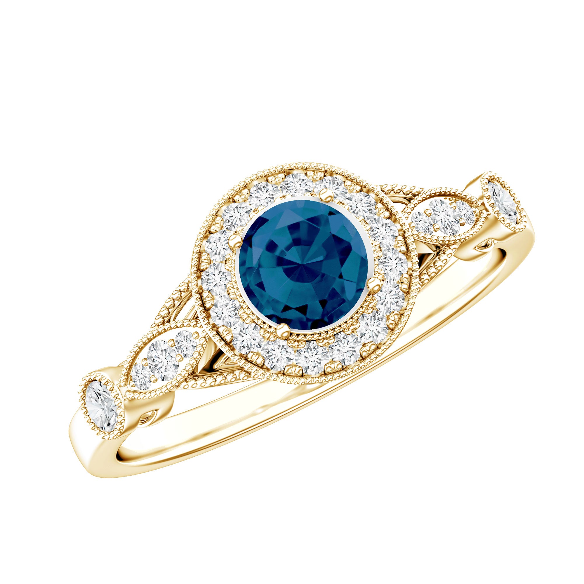 5mm London Blue Topaz Antique Engagement Ring with Diamond Halo AAA - Rosec Jewels