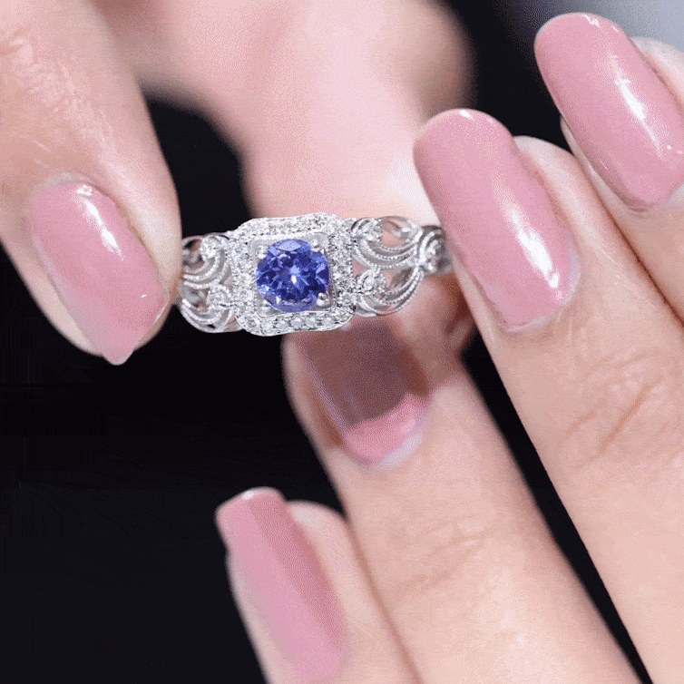 Tanzanite Vintage Looking Engagement Ring with Diamond Halo AAA - Rosec Jewels