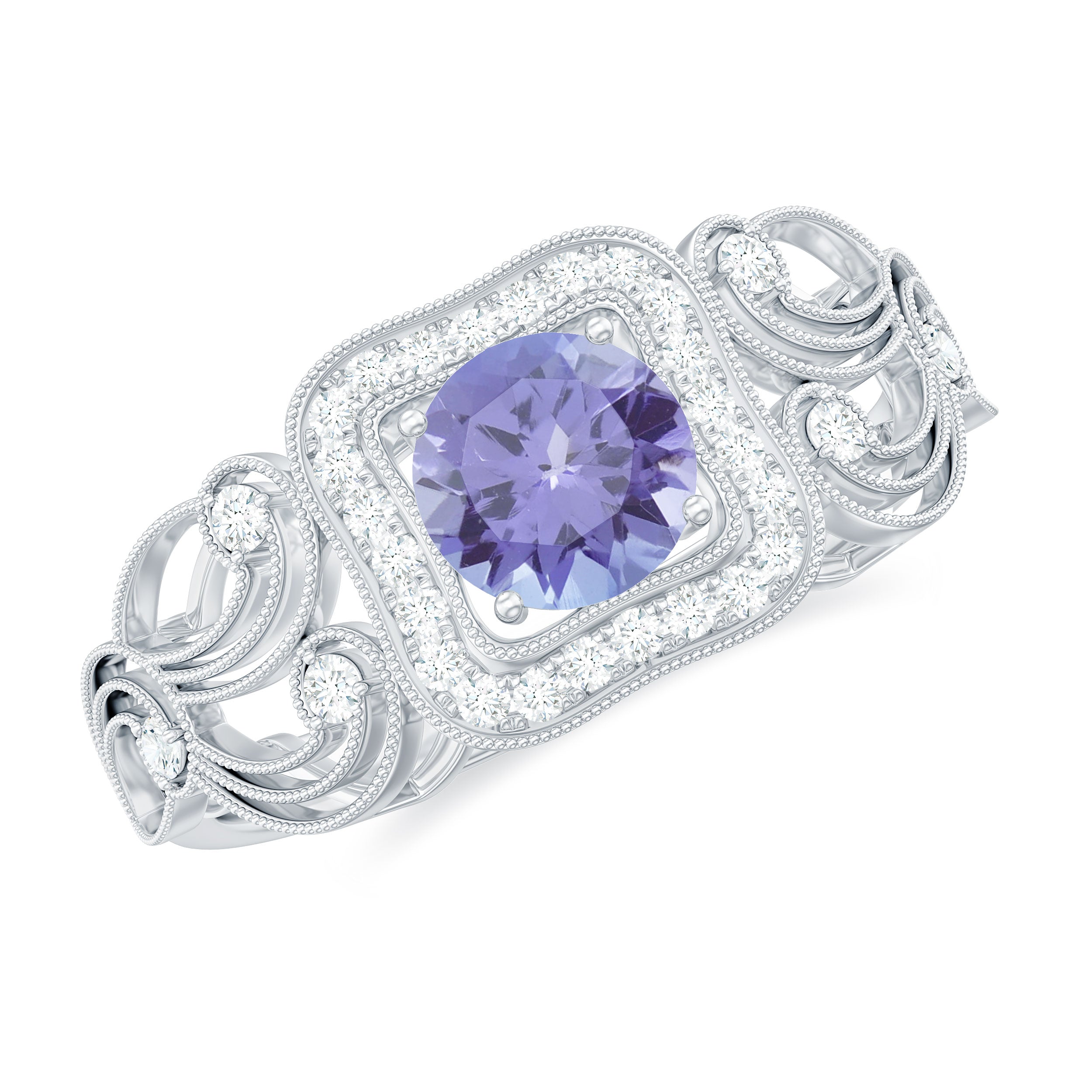 Tanzanite Vintage Looking Engagement Ring with Diamond Halo AAA - Rosec Jewels