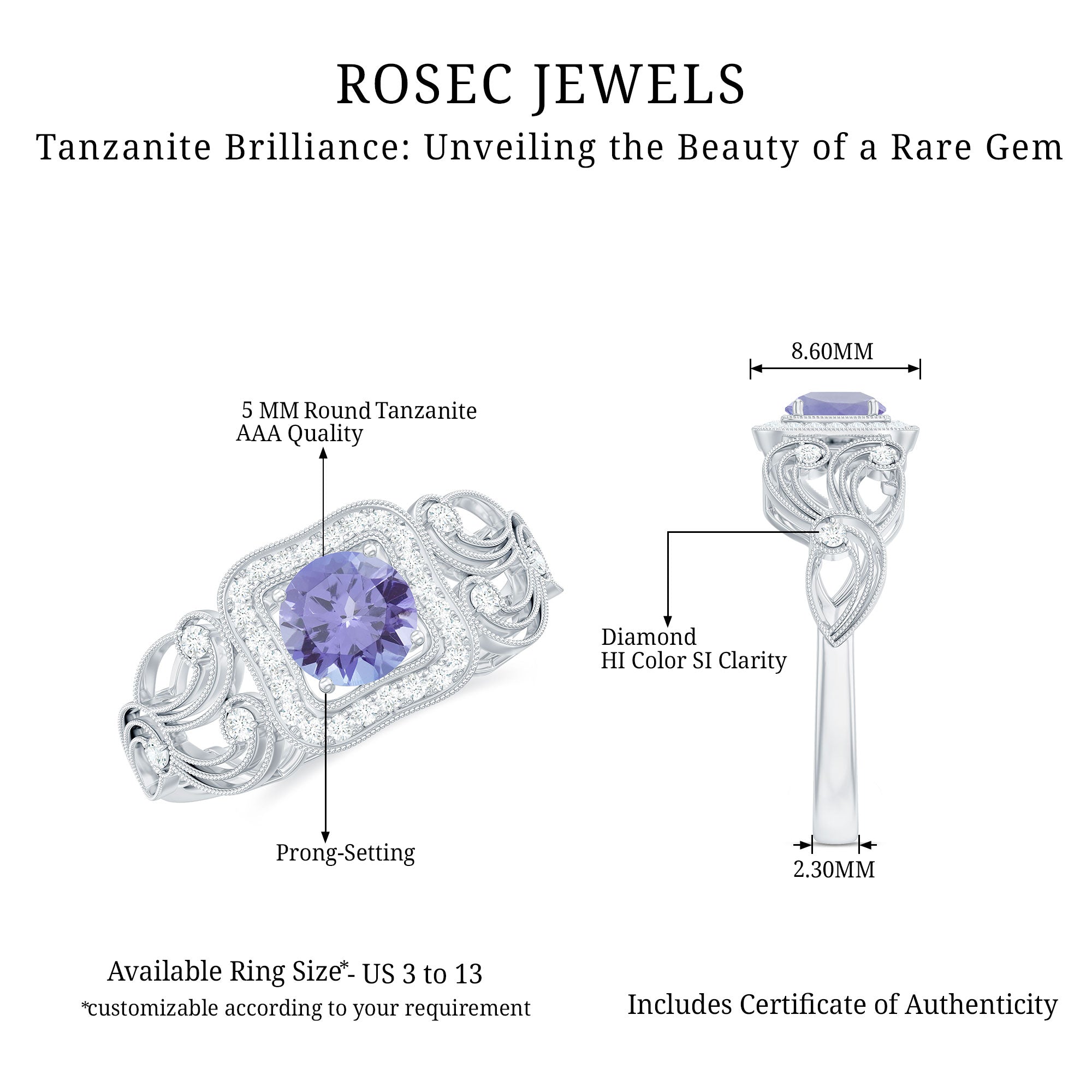 Tanzanite Vintage Looking Engagement Ring with Diamond Halo AAA - Rosec Jewels