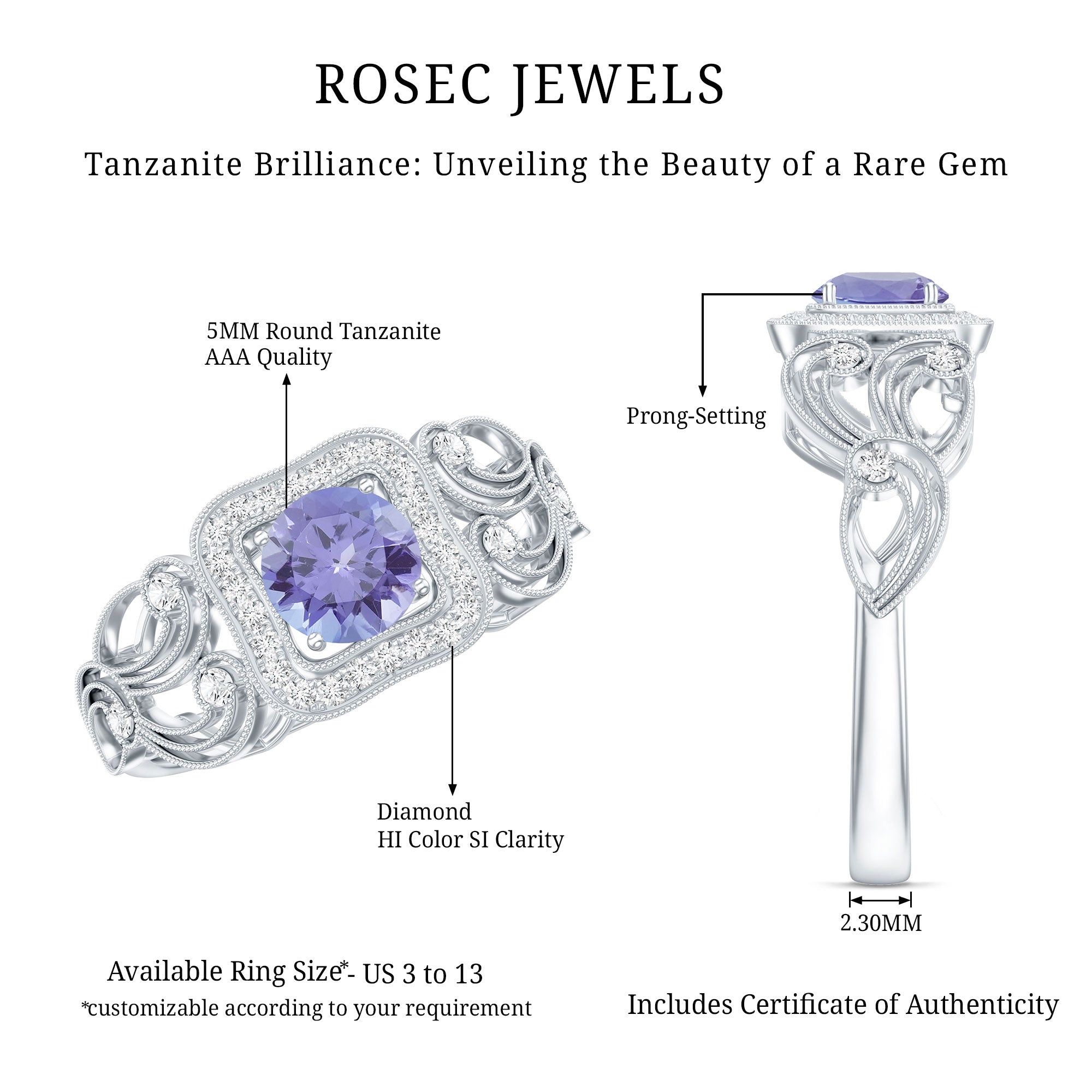 Tanzanite Vintage Looking Engagement Ring with Diamond Halo AAA - Rosec Jewels
