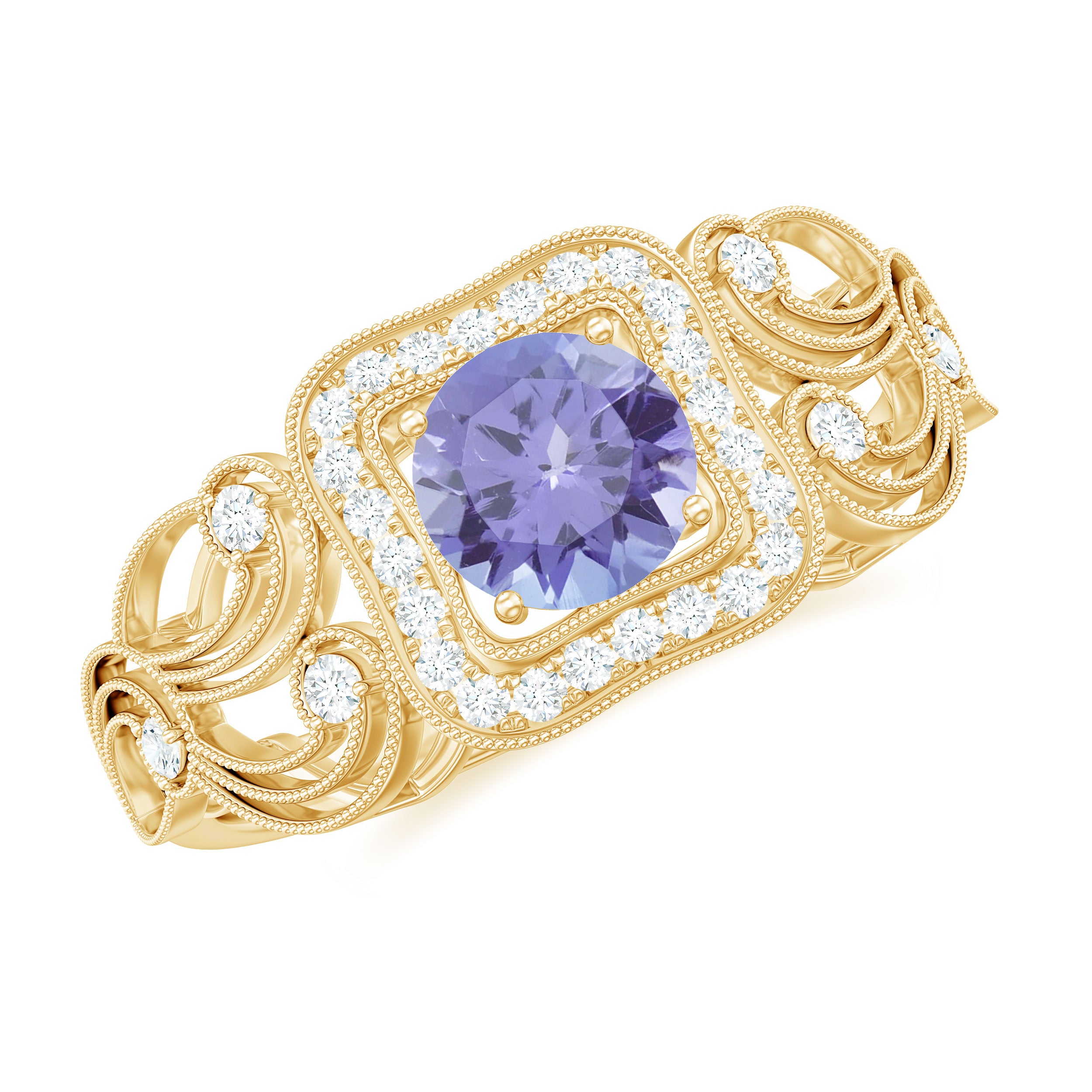 Tanzanite Vintage Looking Engagement Ring with Diamond Halo AAA - Rosec Jewels