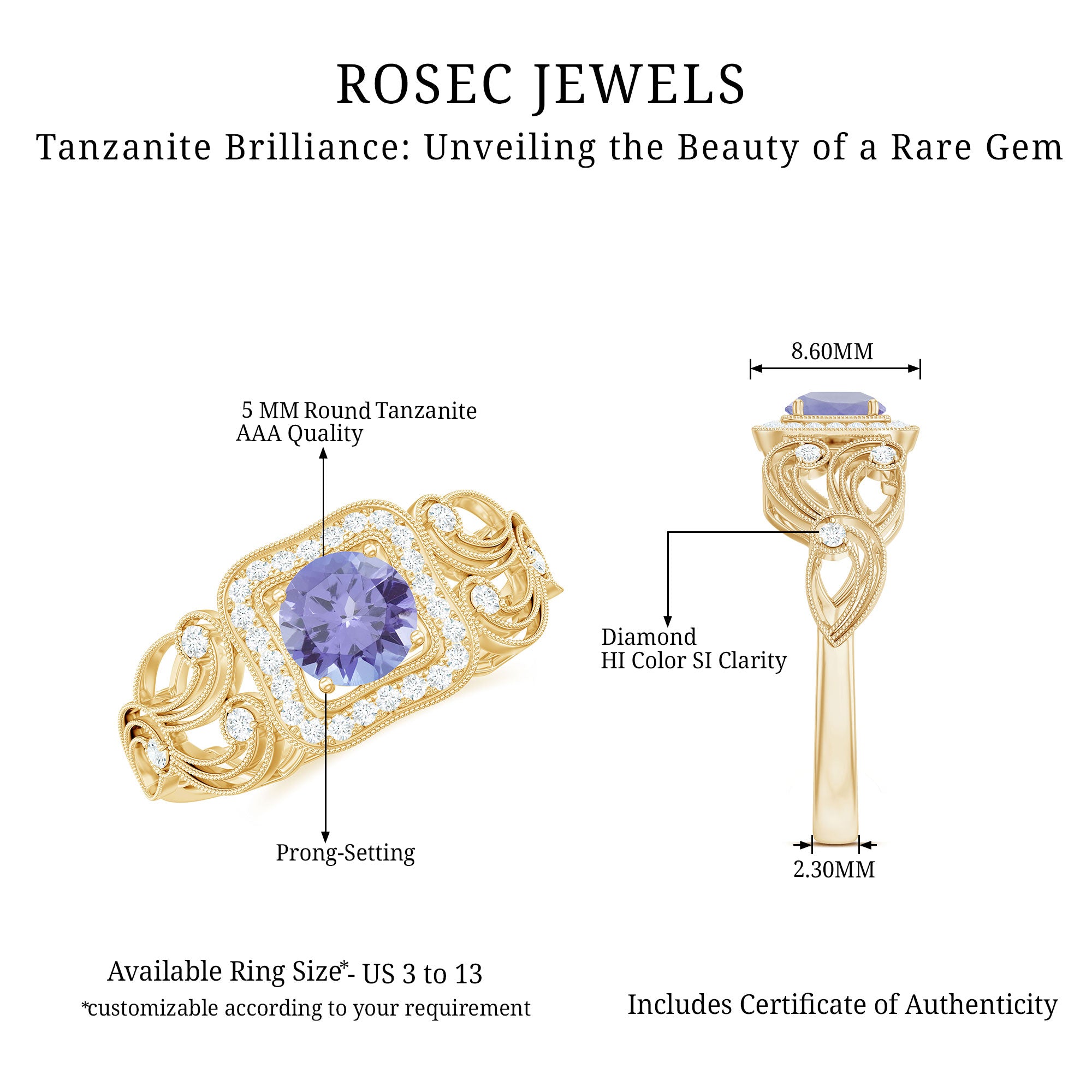 Tanzanite Vintage Looking Engagement Ring with Diamond Halo AAA - Rosec Jewels