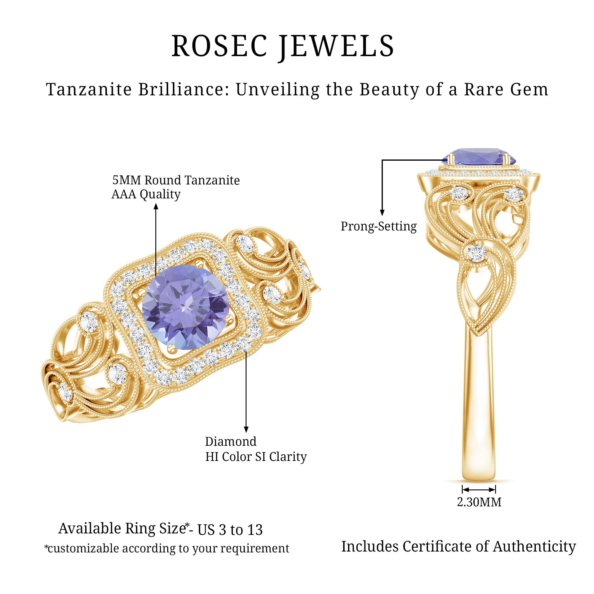Tanzanite Vintage Looking Engagement Ring with Diamond Halo AAA - Rosec Jewels