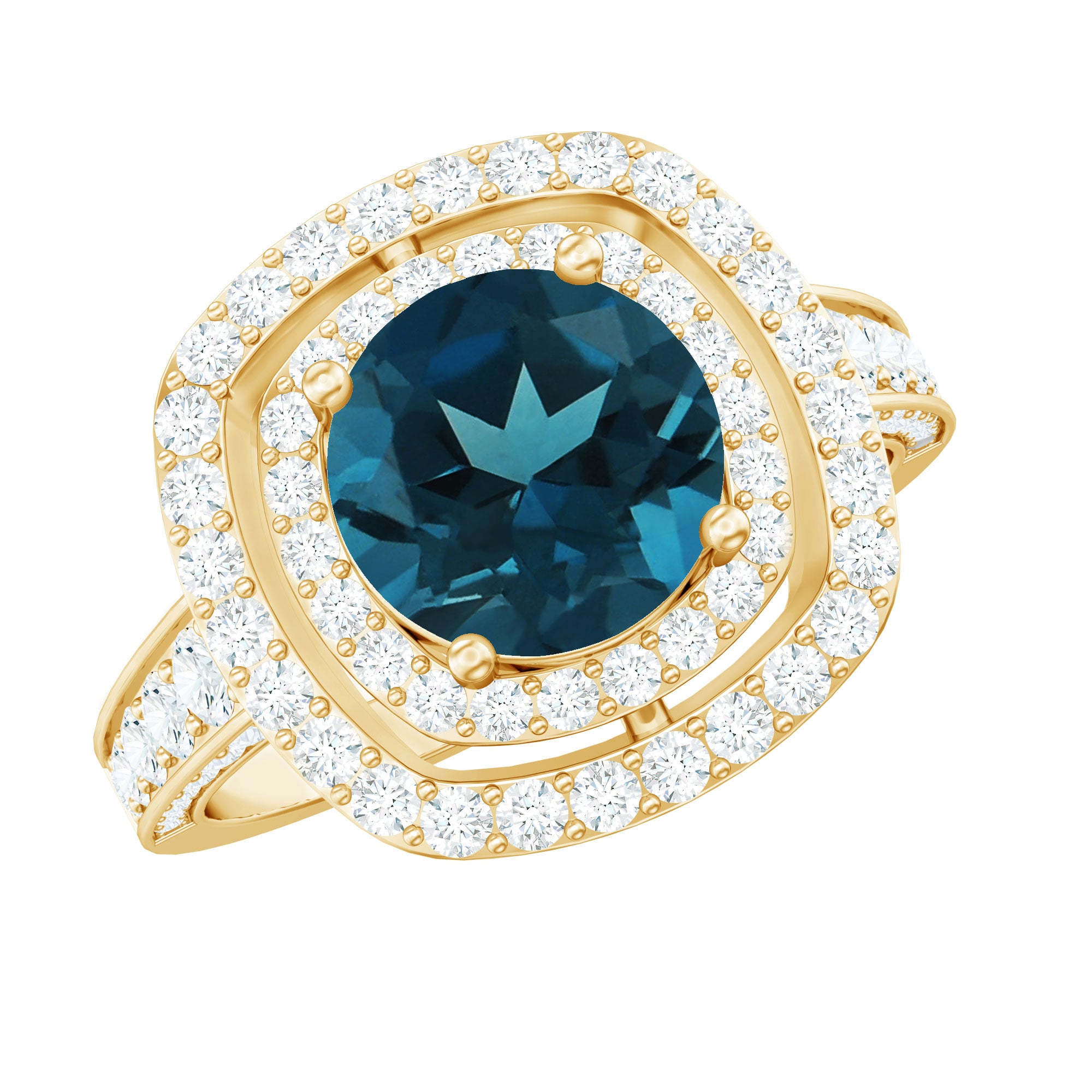 8mm Round London Blue Topaz Double Halo Engagement Ring with Moissanite AAA - Rosec Jewels