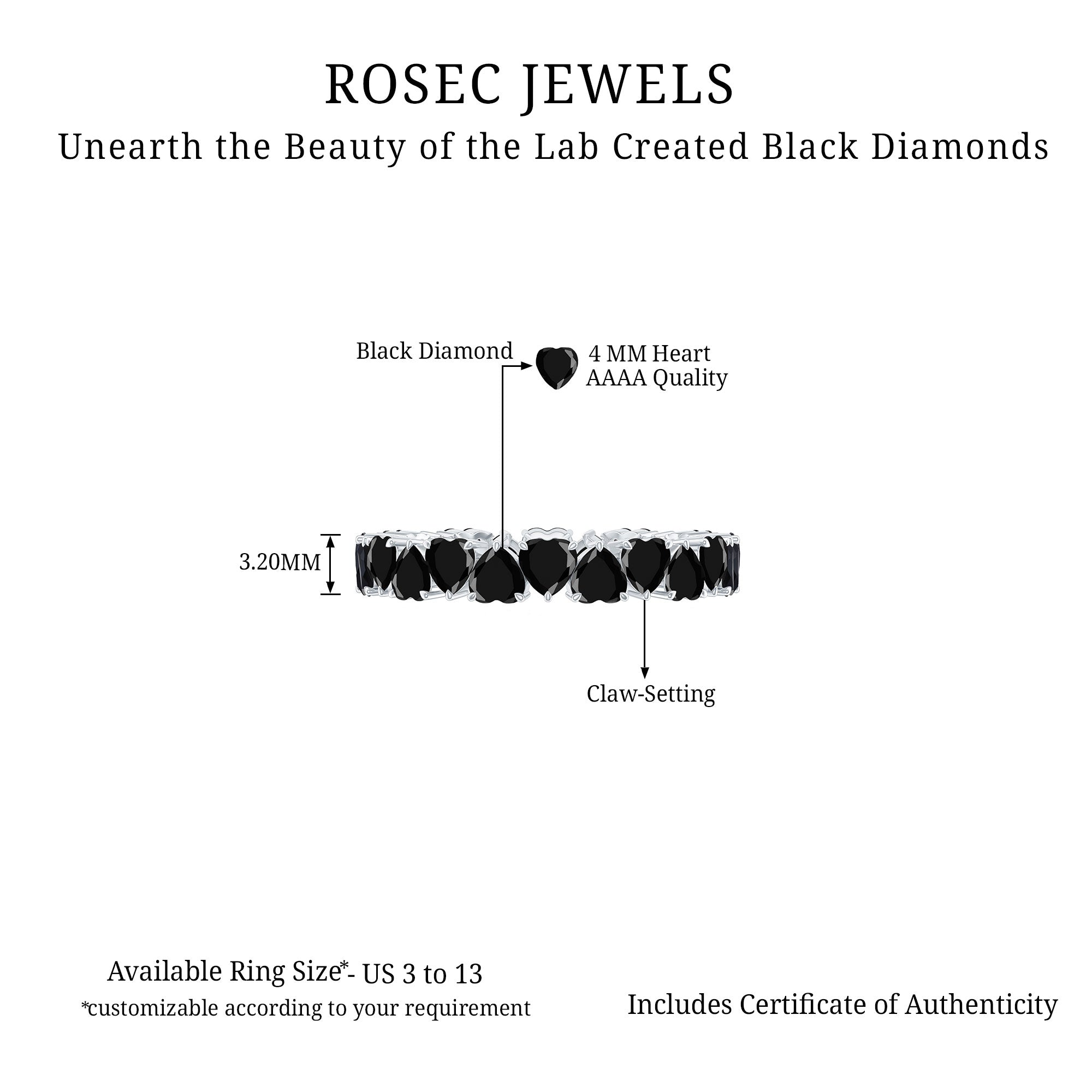 Certified Lab Grown Black Diamond Heart Eternity Ring for Women AAAA ( Synthetic ) - Rosec Jewels